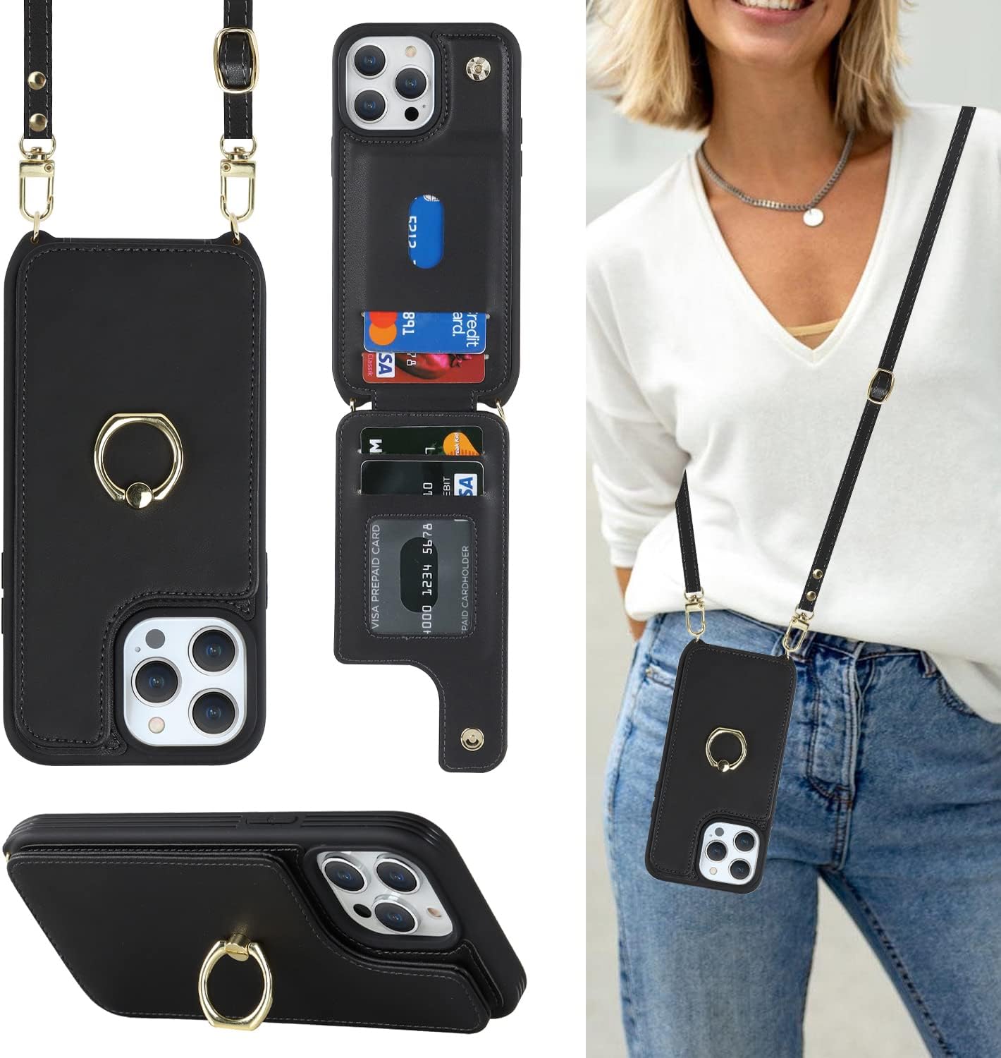 for iPhone 12/12 Pro Case with Card Holder and Strap for Women,Crossbody Lanyard,Kickstand Ring Stand,Snap Clasp,Phone Wallet Cases 6.1 inch(Black)