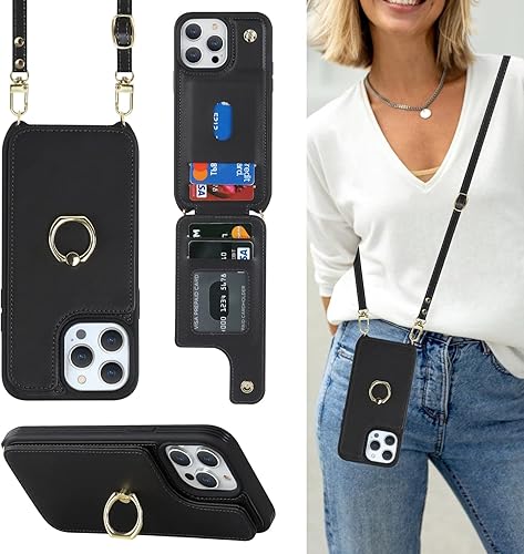 Funda para iPhone 15 Pro con tarjetero para mujer, iPhone 15 Pro con correa, cordón cruzado, soporte de anillo, cierre a presión, bonita funda tipo
