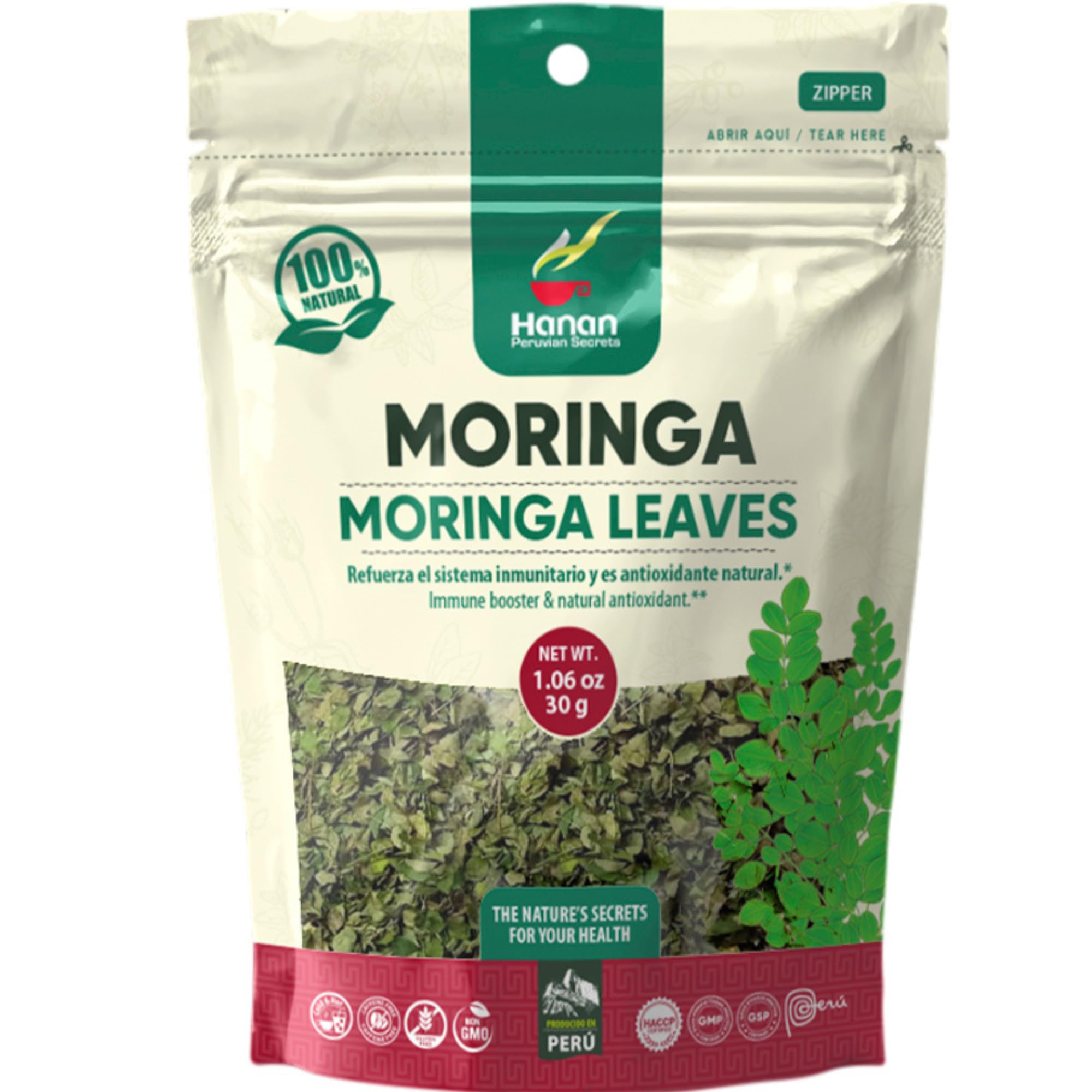Hanan Herbal Moringa Tea (te de moringa) 1.1 oz (30 g) - Natural Dried Oleifera Plant Leaves from Peru