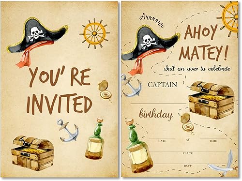 Invitaciones de fiesta de cumpleaños pirata con sobres, juego de 20 tarjetas del tesoro pirata para niños