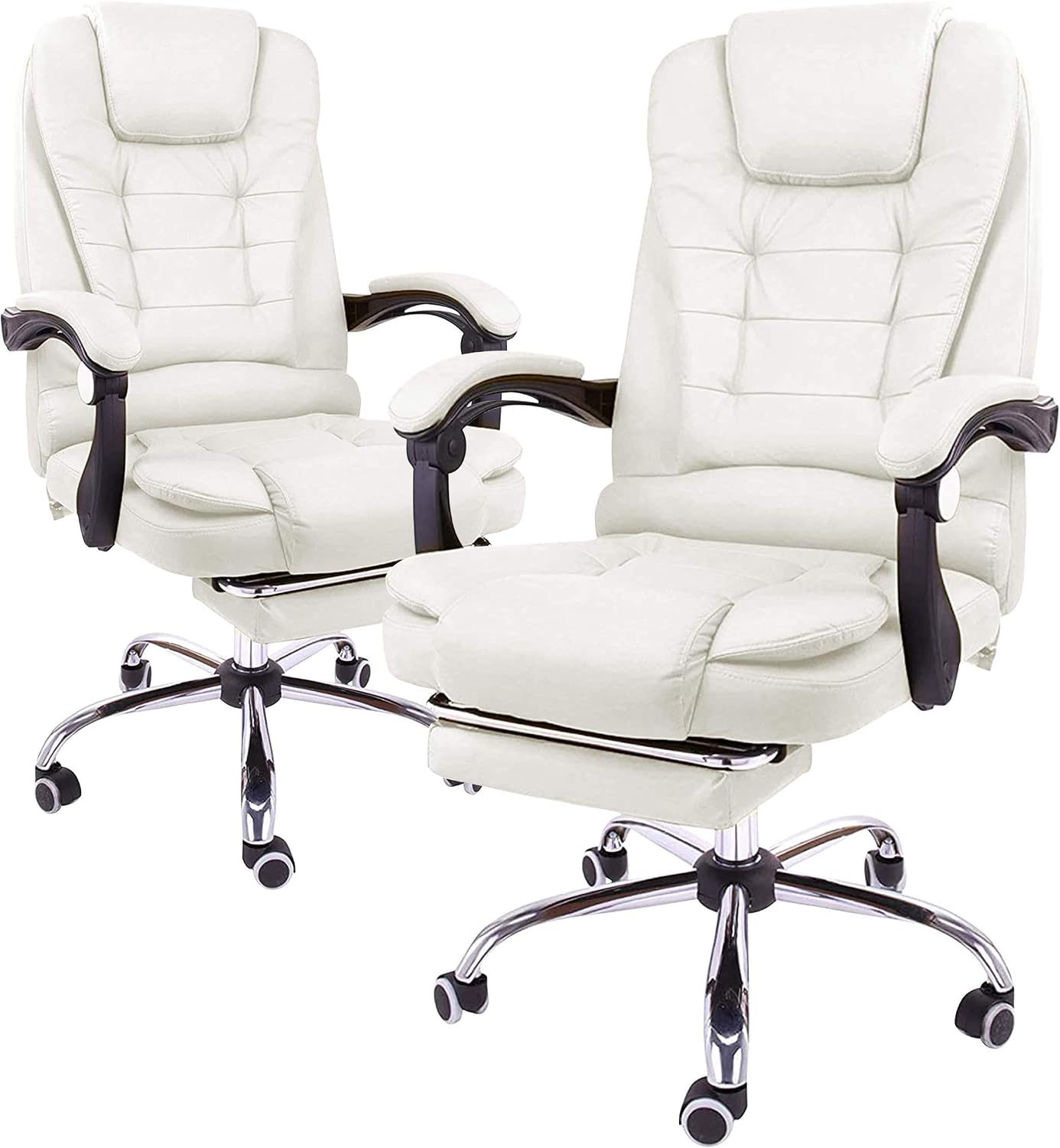 Halter Reclining Leather Office Chair - Modern Executive Adjustable Rolling Swivel Chair Headrest with Retractable Footrest (White 2 Pack)