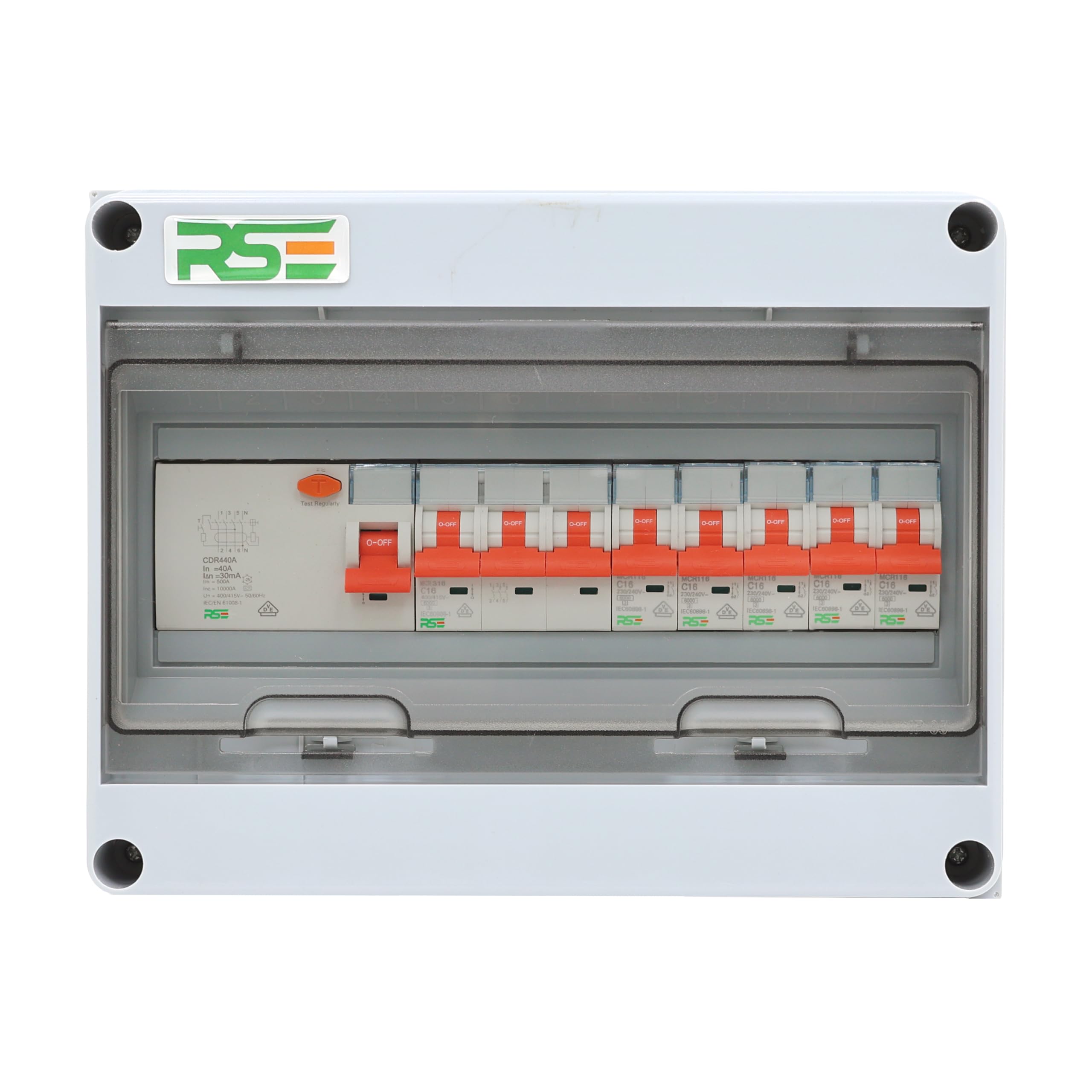 RSE Unterverteilung mit FI oder LS oder MID Zähler Stromverteiler Verteilerkasten Aufputz IP65, 5x LS 1P C16A, 1x LS 3P C16A, 1x FI 4P 40A, Aufputz 12 Module