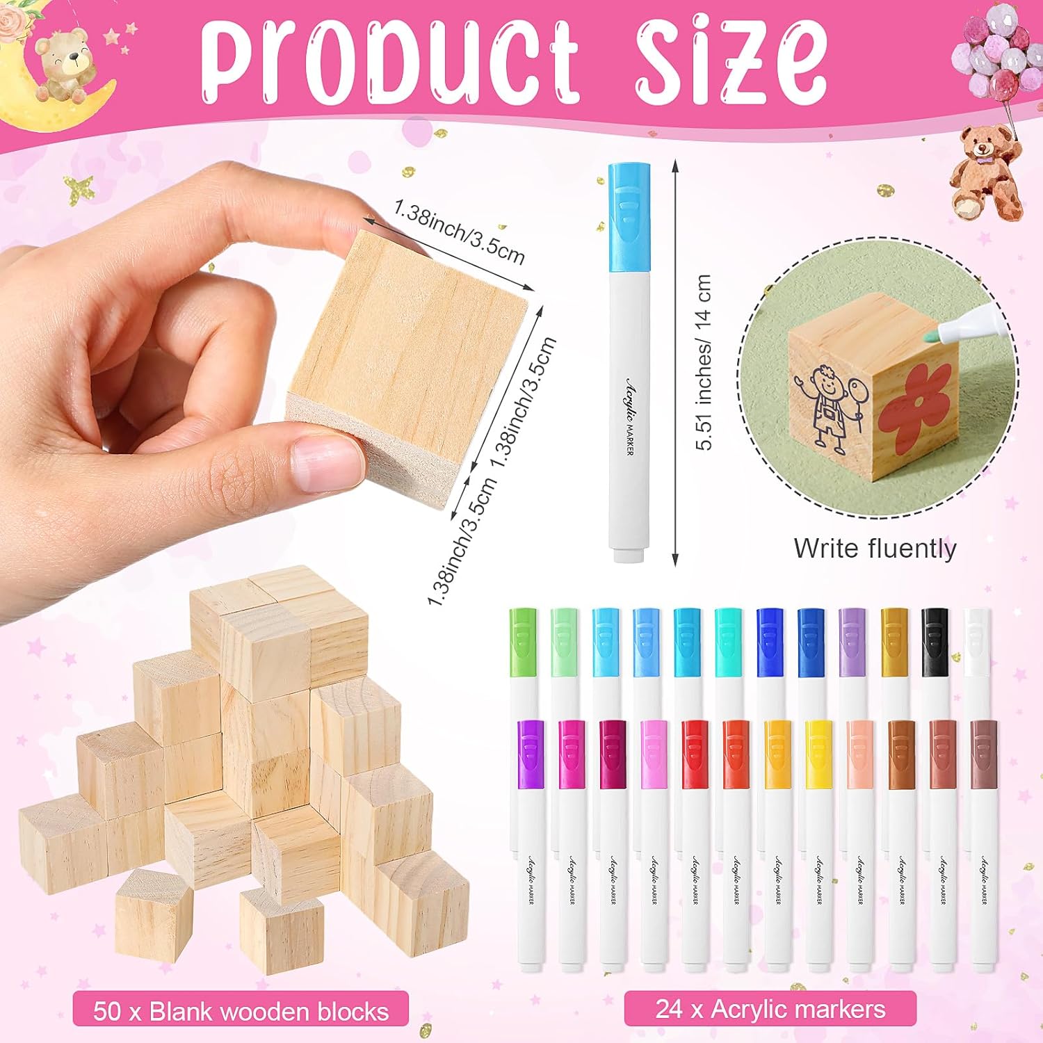 Roowest 75 Pcs Babyshower Party Games Kit Including Decorate a Block Game Sign 50 DIY Blank Wooden Block 24 Acrylic Paint Marker Gender Reveal Prize for Winners, Bear