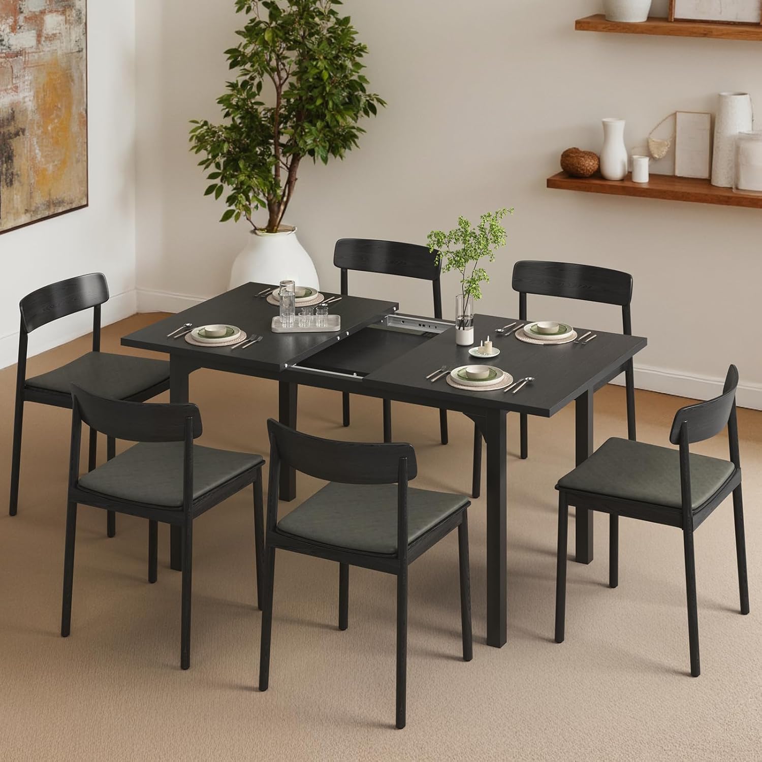 Extendable Dining Table, Rectangle Kitchen Table for 4-8 People, Modern Wooden Dinner Table with Strong Metal Legs, Space Saving Expandable Dining Room Table for Restaurant, Conference, Black