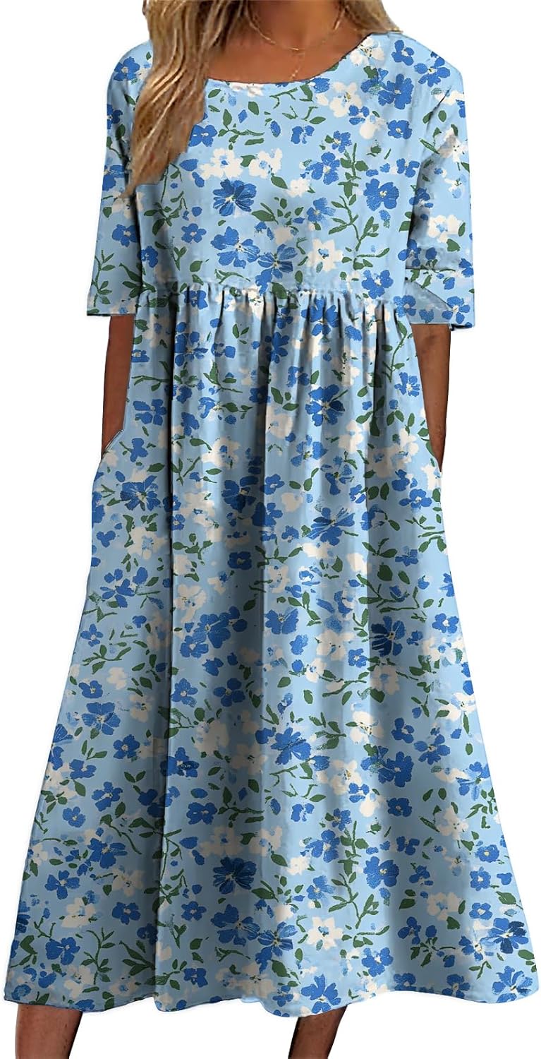 Floral Long Dress for Maternity Women Comfy Floral Printed Ankle Length Short Sleeve Summer Dresses with Pockets