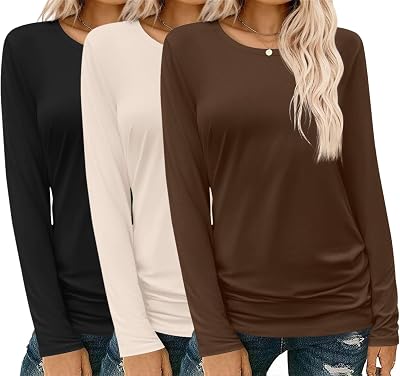 Ekouaer 3 Pack Long Sleeve Shirts for Women Crew Neck Fall Thermal Tops