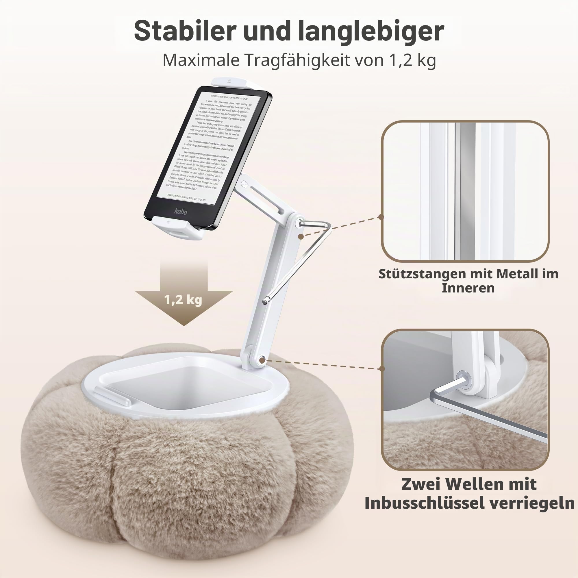 CreaDream Pumpkin Kindle Halterung Kissen, 360° Verstellbarer Tablet IPad Ständer mit Abnehmbarer Snackschale, Kindle Zubehör Kompatibel mit 4,7-13 Zoll Geräten für Bett, Sofa, Videos Shauen (Khaki)