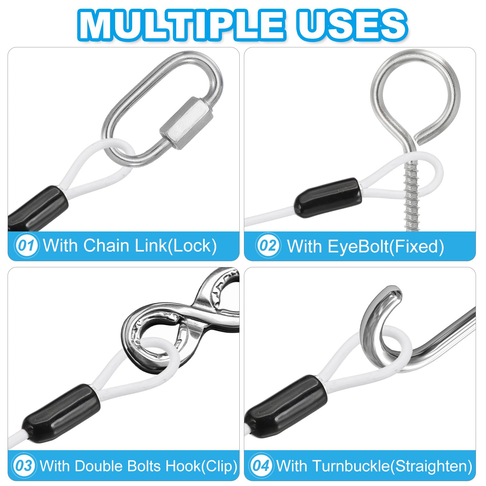 PATIKIL Câble en acier inoxydable avec revêtement en vinyle de 0,9 cm de diamètre avec boucles, 2 câbles métalliques flexibles de 1,2 m (119,4 cm) pour éclairage de scène extérieur, verrou de bagages