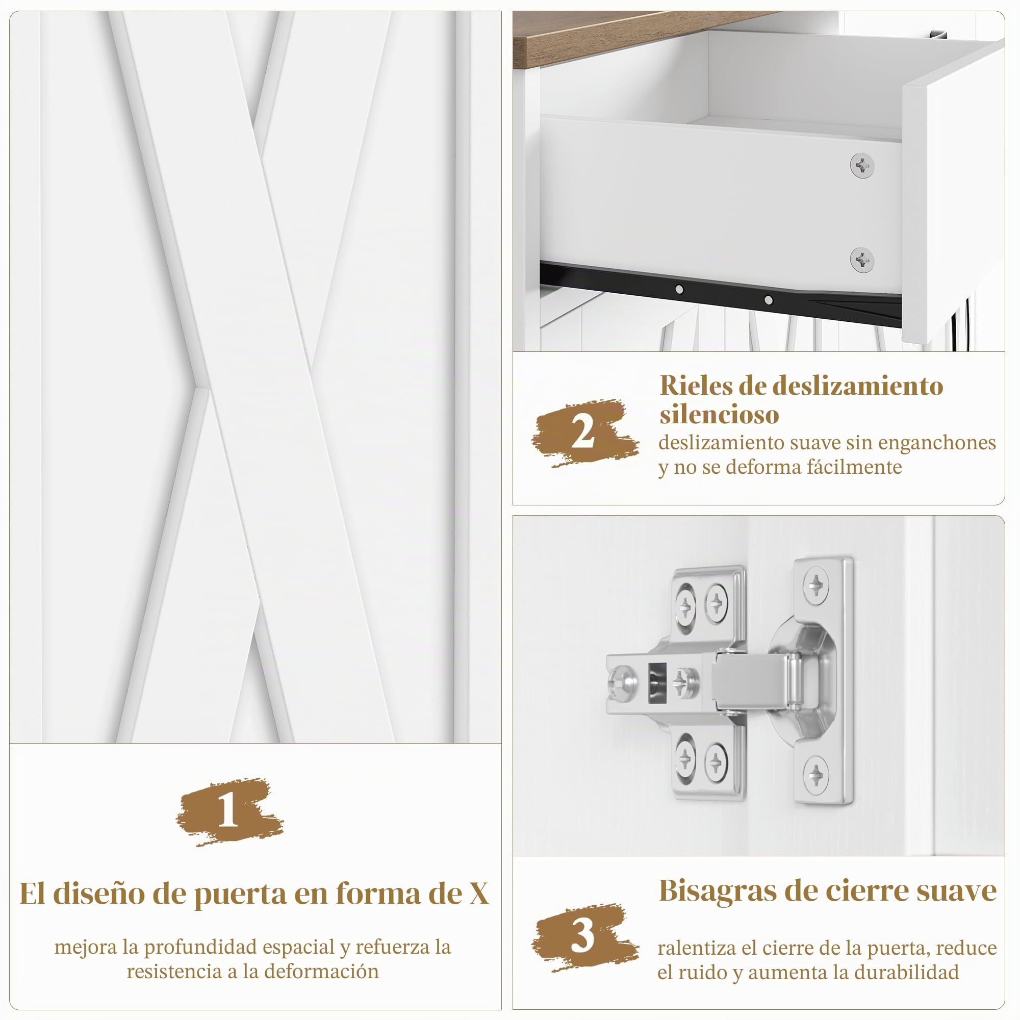 HOCSOK Aparador de 120 cm de Ancho, Armario de Cocina con encimeras, Armario de Cocina Buffet con 2 cajones y 4 Puertas, salón, Cocina, Pasillo (Blanco y Marrón)