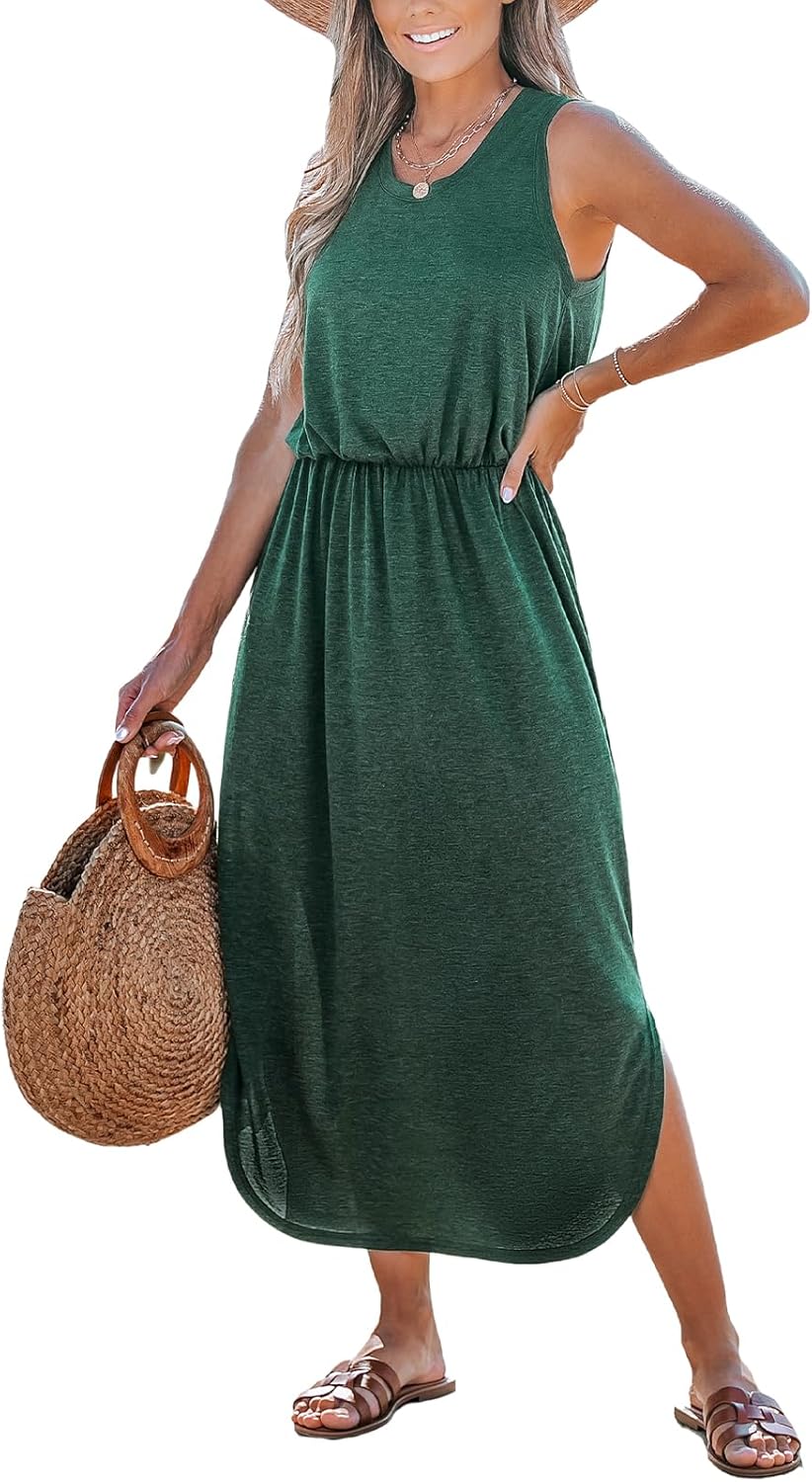 CUPSHE Women Knit Summer Dress Cover Up Crew Neck Elastic Waist Side Slit Midi Casual Sundress Beach Cover Up Dresses