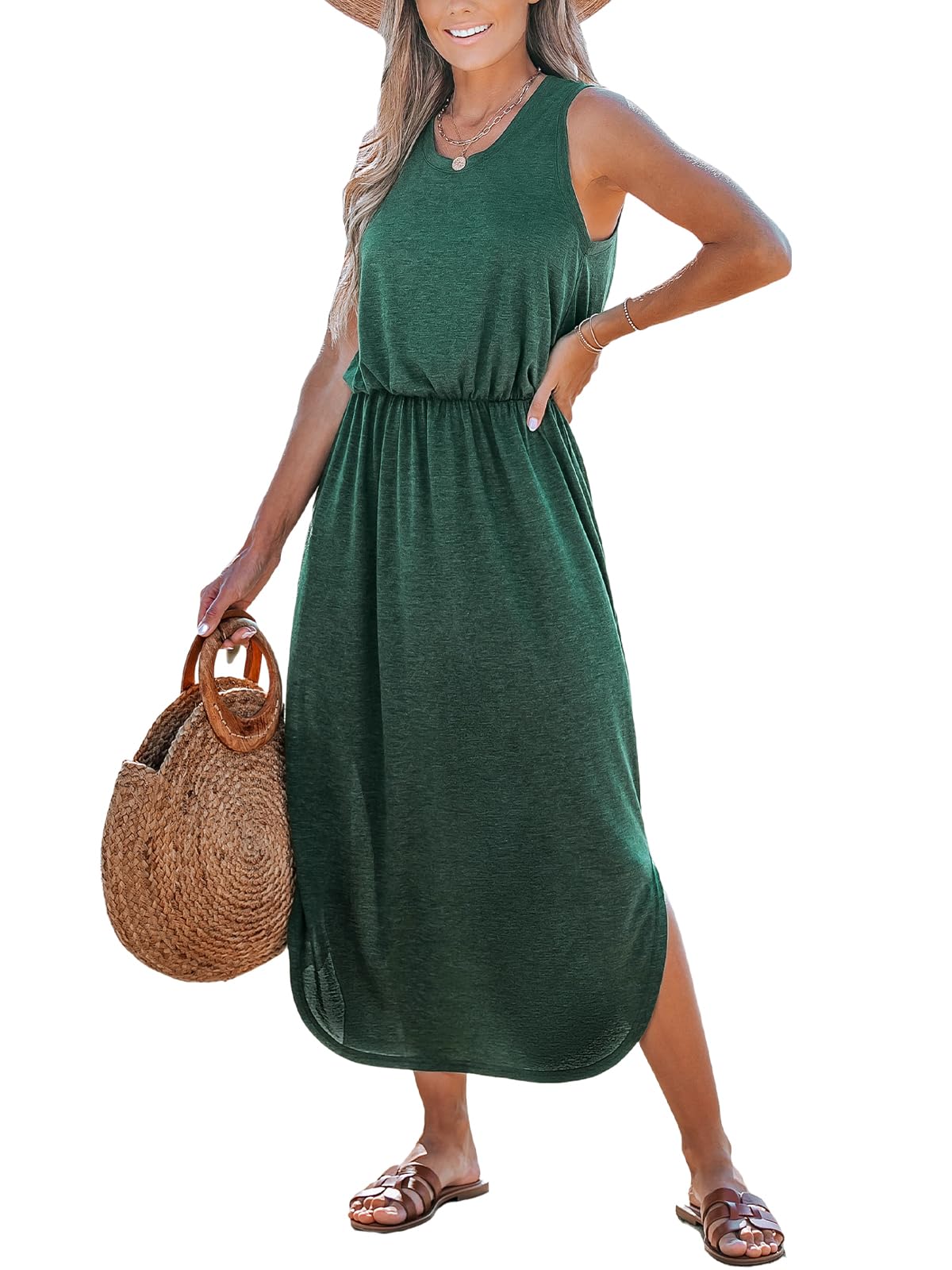 CUPSHE Vestido de playa de punto para mujer, con abertura lateral, cintura elástica, cuello redondo, vestido de verano