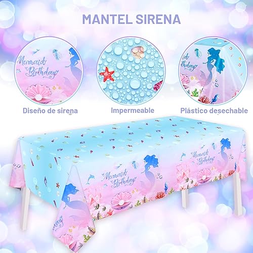 Miniatura 5 de Winrayk Decoraciones de fiesta de Sirenita suministros de cumpleaños para niñas, arco de globos rosa morado y mantel de telón de fondo y globo de