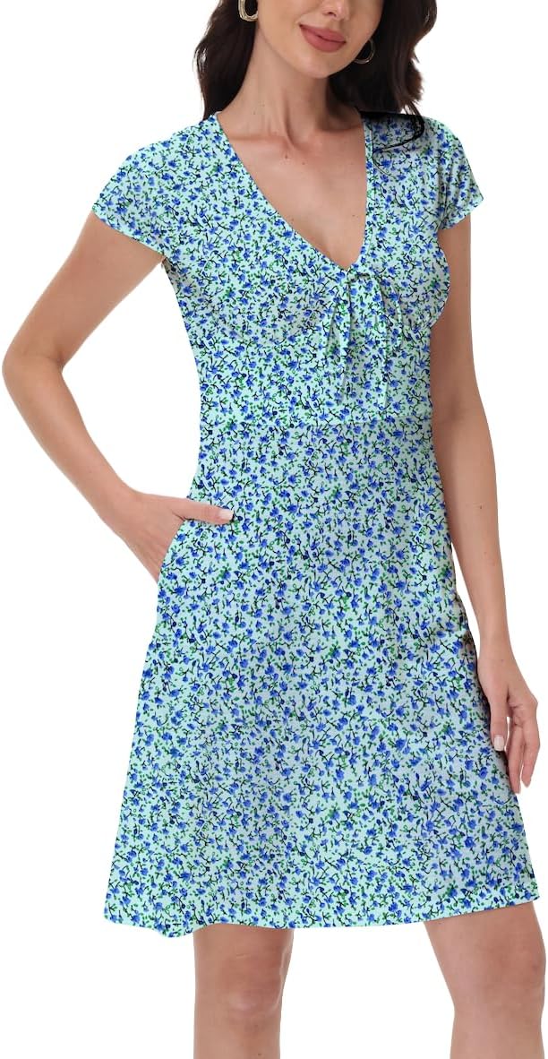 Women's Boho Summer Floral Short Sleeve Mini Dress Bow V Neck A Line Short Dresses