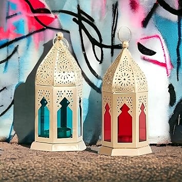 Antique Collection Decorative Hanging Lantern/Lamp with t-Light Candle, Set of 2 (Size 9X9X17 cm) (Gold-Multi Glass)
