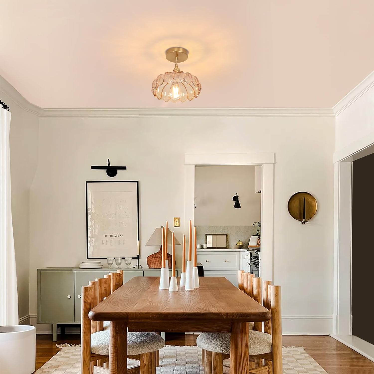 Shenmoyl Pendant Light with Amber Scindapsus Glass Lmapshade, Brass Vintage Pendant Light Adjustable Hanging Light for Kitchen Island Dining Room Hallway