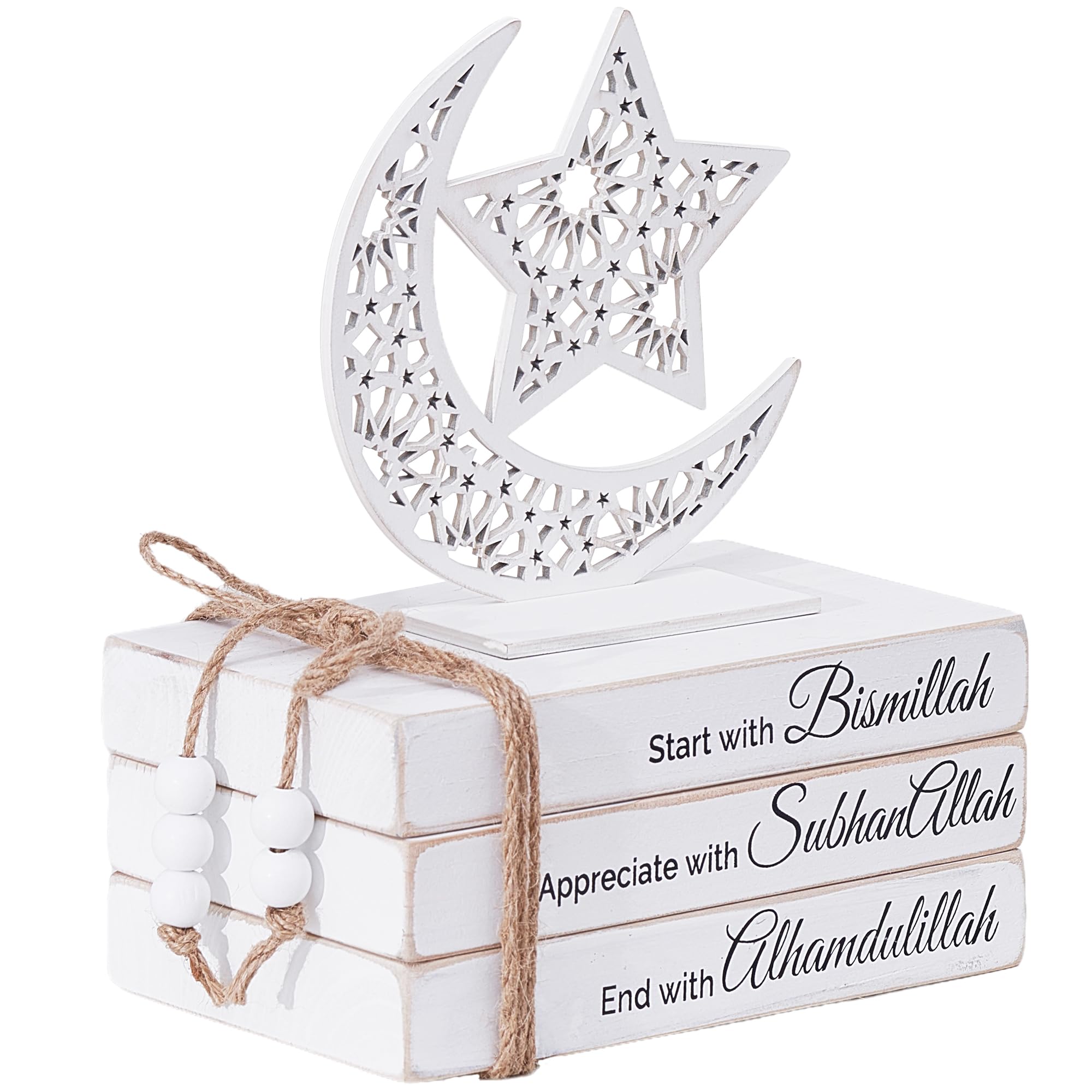 Islamic Wooden Faux Book Set with Moon Star decor, Great Ramadan decoration and Eid decoration for home & Mosque, Perfect Ramadan table decor, Islamic Ramadan decor, Islamic decor great Ramadan gifts