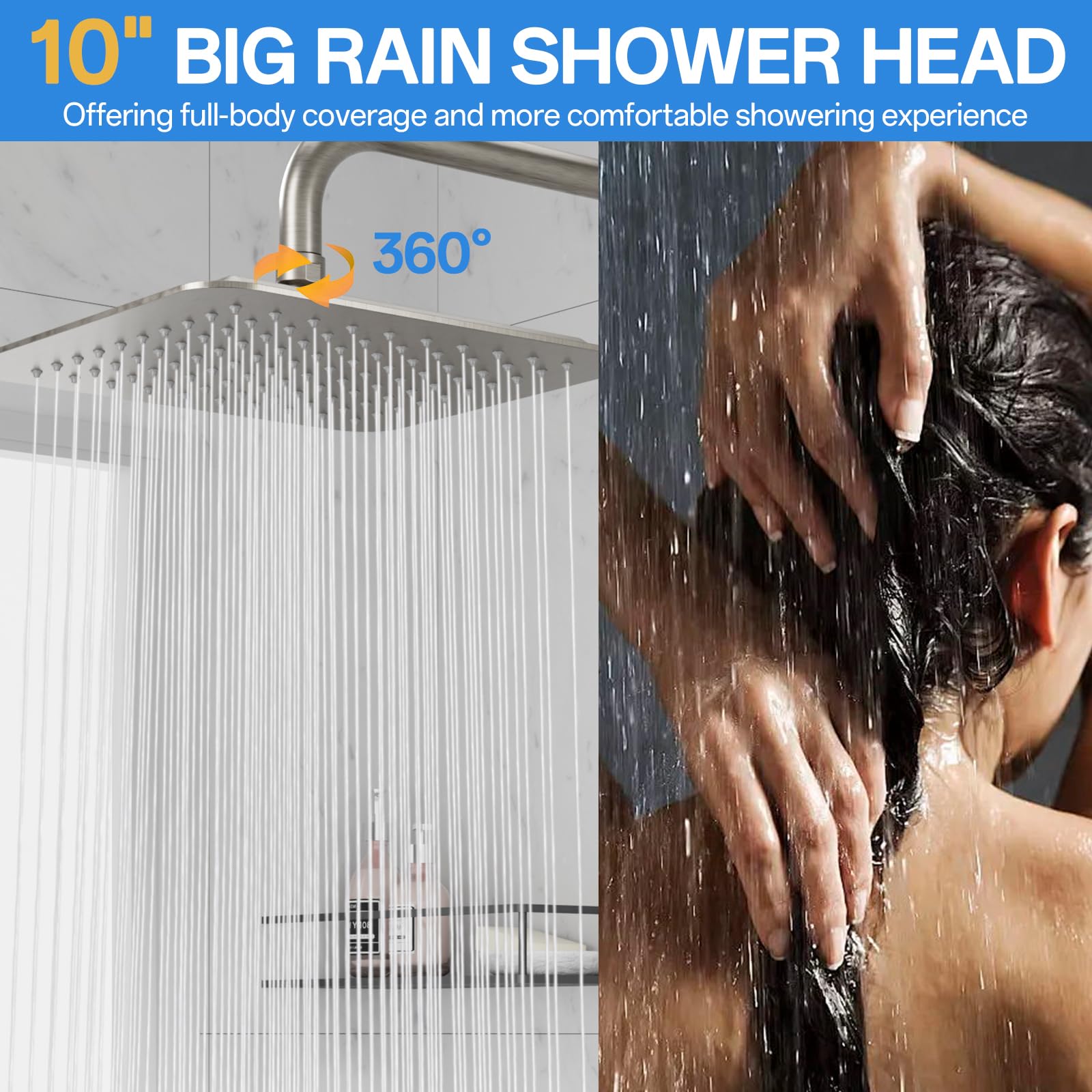 VXV 10 Inch Big Square Rain/Rainfall Shower Head with Adjustable Height, High Pressure 7 Modes Shower Head with Handheld Spray, Brushed Nickel Dual Shower Head Combo with 71