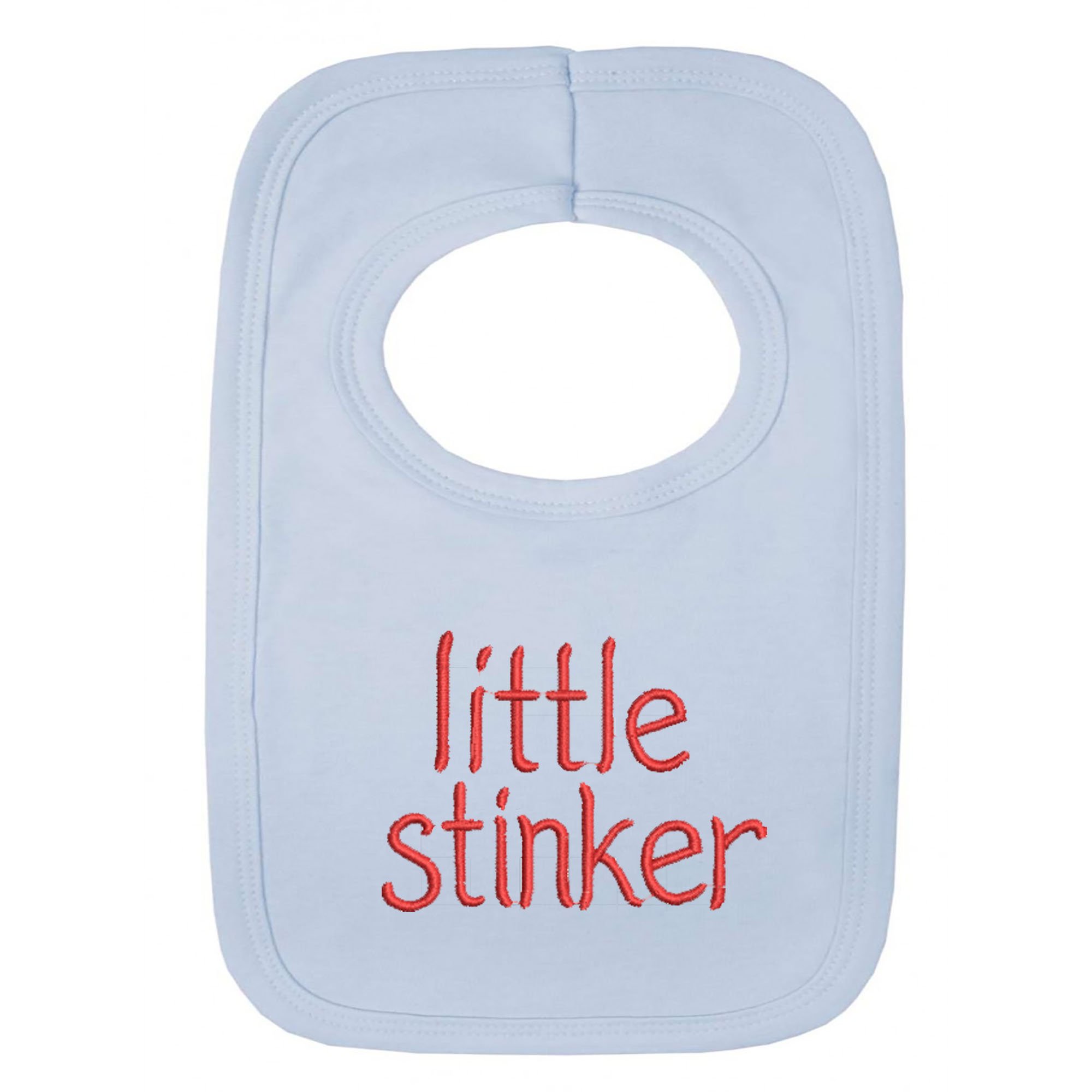 Personalised Baby BIB - Little Stinker - (NO Stickers)- Beautifully Embroided (Baby Blue)