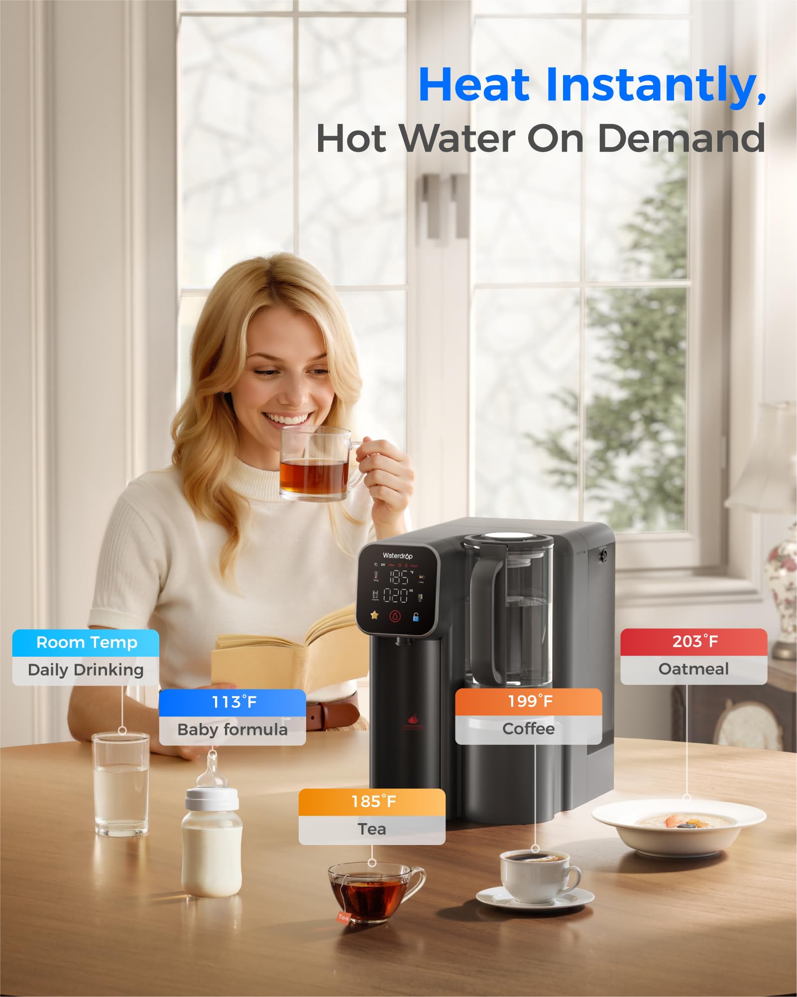 Waterdrop WD-M6H Instant Hot Reverse Osmosis System Countertop Water Filter 7-Stage 3 1 Pure to Drain Hot Water — view 3