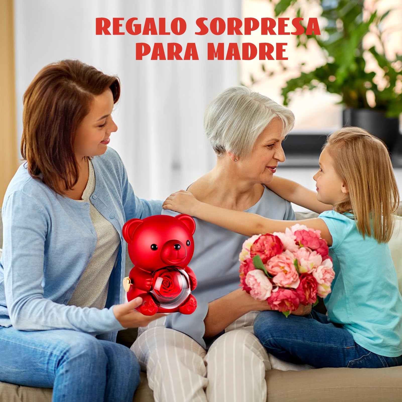 Oso con Rosa Eterna y Collar, Flor Eterna con Osito,Osito con Colgante Dentro,Regalo para Ella Oso- Regalos para Mujer día de San Valentín, Cumpleaños,Regalo Mamá Navidad