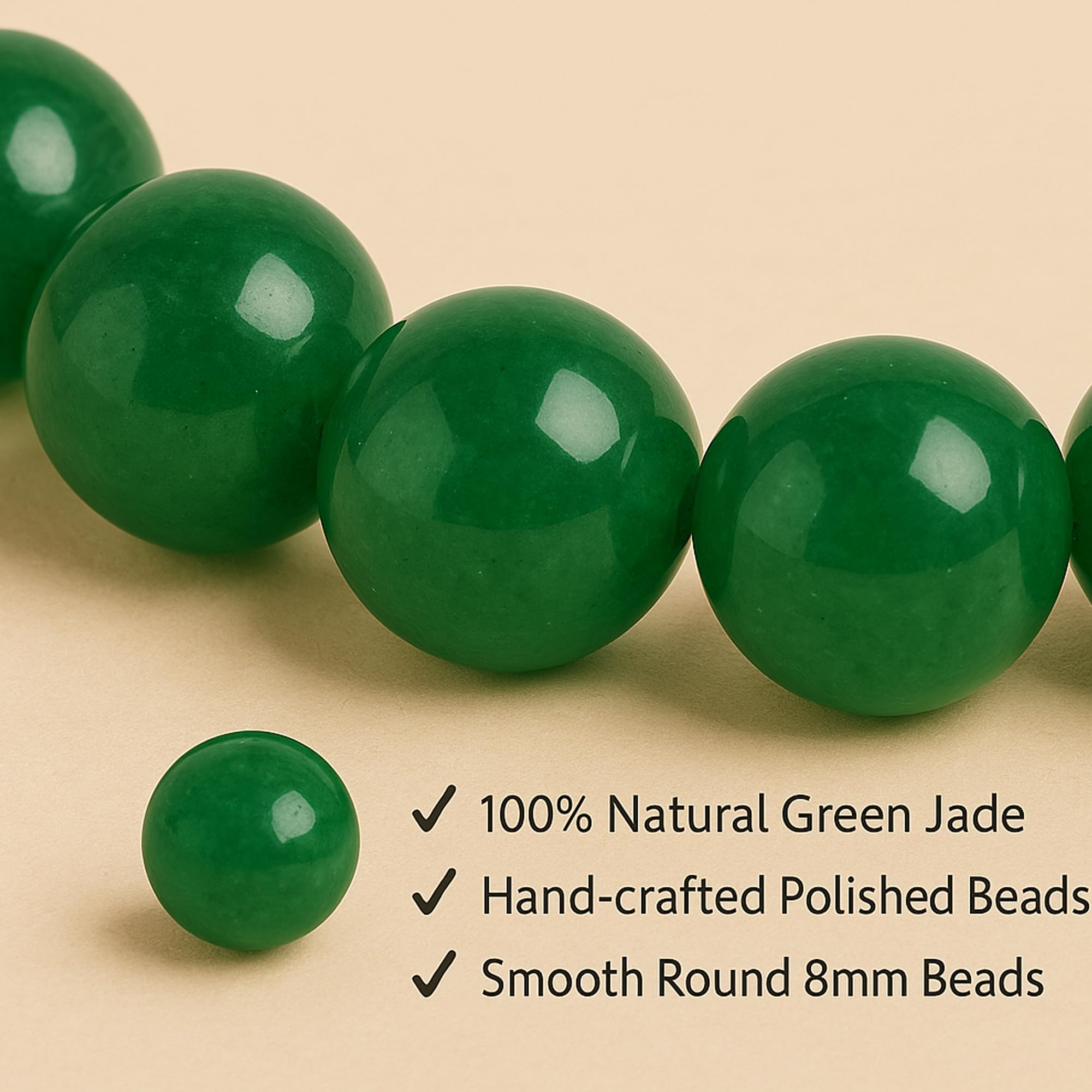 Serein Green Jade Bracelet Healing Crystal 8mm Round Beaded Elasticated Stretchable Stone Bracelets Reiki Feng Shui Prosperity, Money, Chakra Balance for Men & Women 1