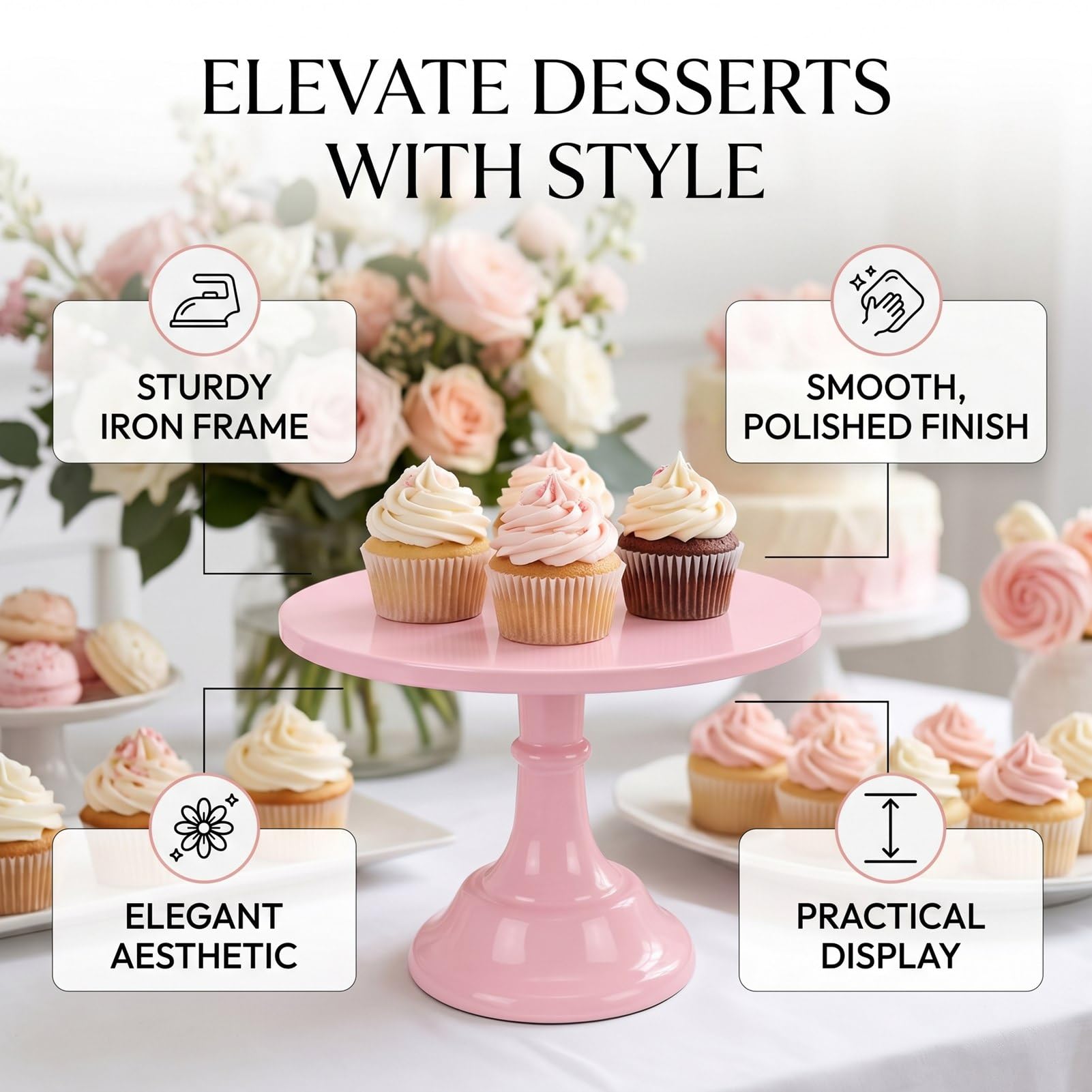 Ejoyous Alzata per Torta in Metallo Rosa Alzata per Cupcake in Ferro con Espositore da Dessert Rialzato con Superficie Lucida per gli Ospiti di Compleanno, Matrimonio, Baby Shower, Tea Party (Medio