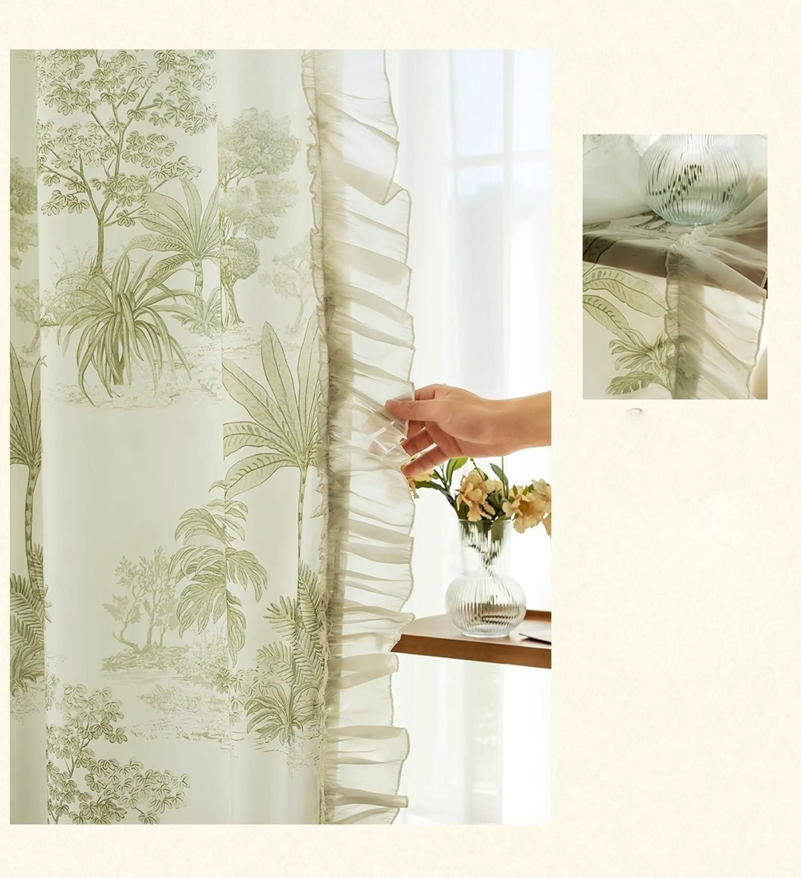 Cortinas Salon de Ojales,2 x 102W x 138H CM,Cortina Visillo 2 Piezas Patrón de Cocotero Cortina de Verde Cocina
