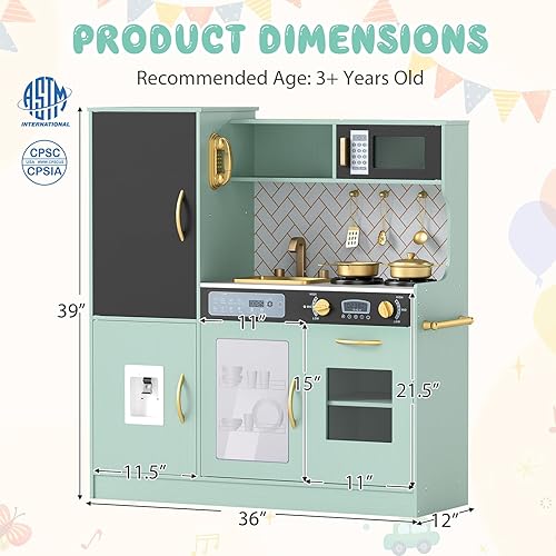 Miniatura 7 de Costzon Juego de cocina para niños, juego de cocina grande de madera con sonidos y luces reales, microondas, pizarra, horno, máquina de hielo,