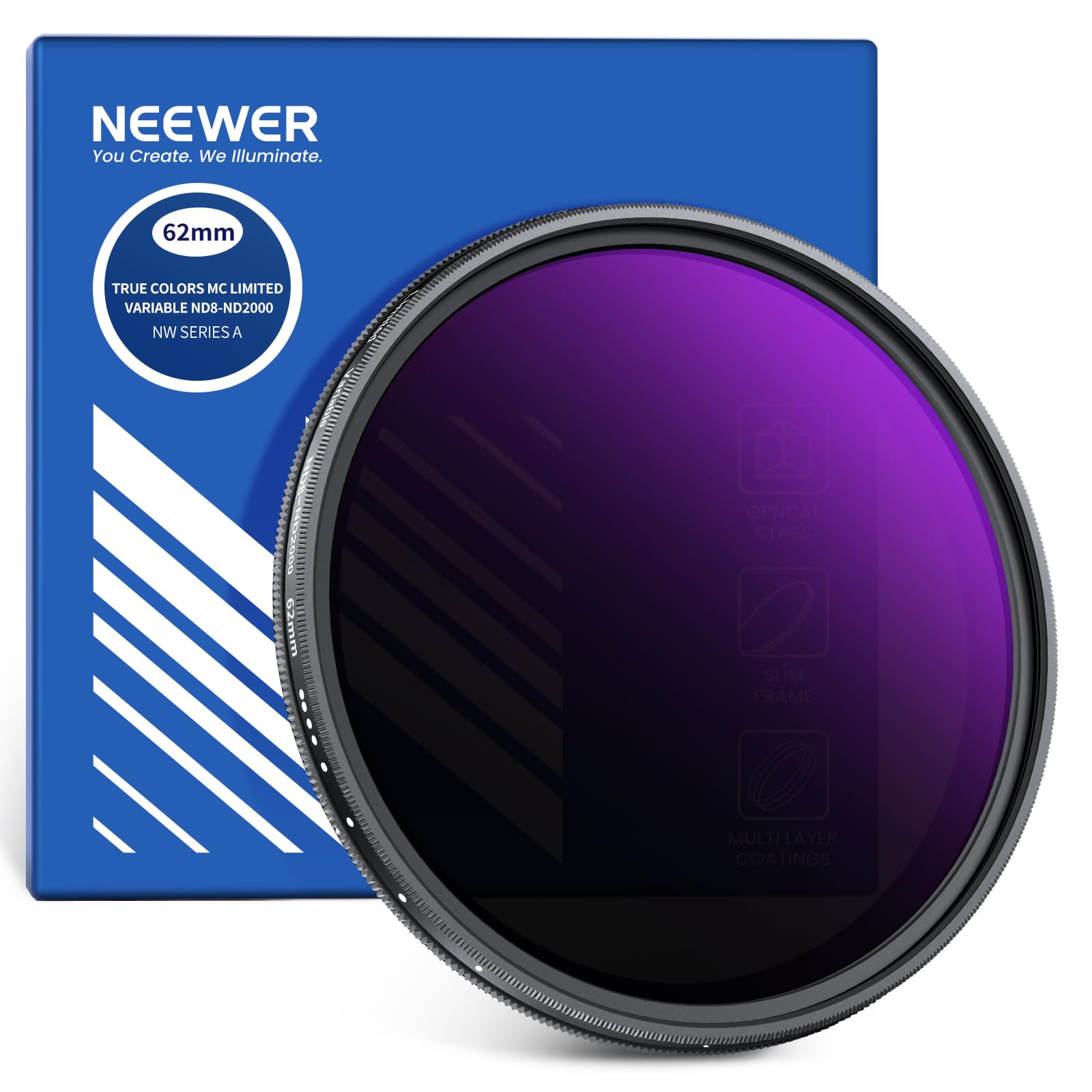 NEEWER 62mm Variable ND Filter (ND8-2000), True Color & Hard Stop, 3-11 Stops Adjustable Limited Neutral Density Lens Filter for DSLR Mirrorless Cameras, Multicoated Optical Glass, Slim Aluminum Frame