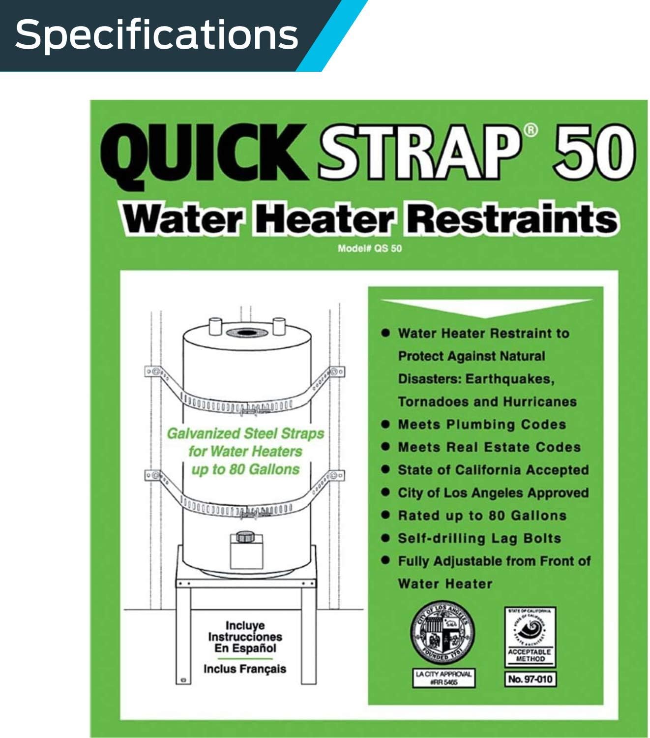 Quick Strap 50 Water Heater Restraints packaging with diagram