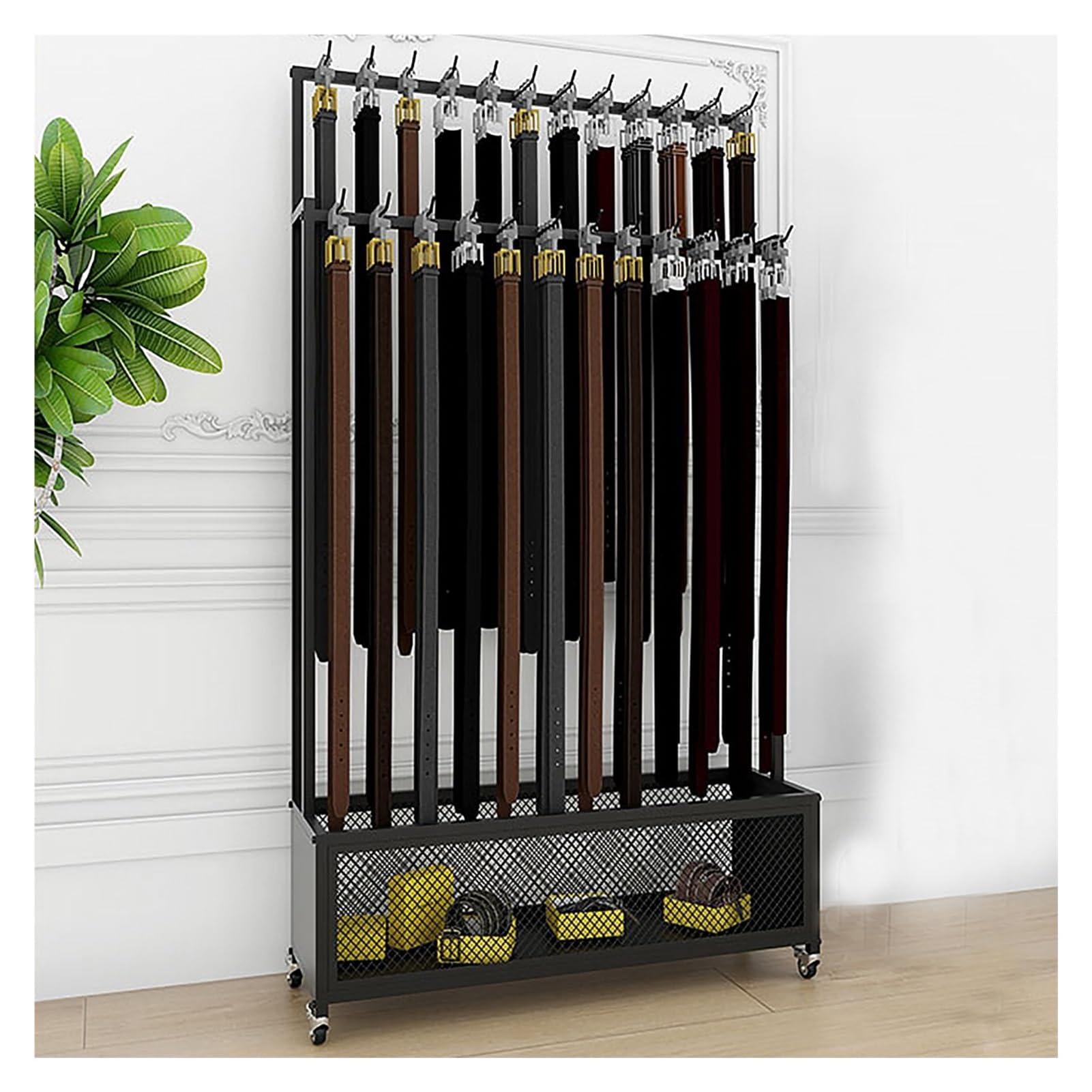 Soporte de exhibición de corbatas con marco de hierro comercial con base de almacenamiento inferior para tienda de regalos y tienda de ropa. Ideal para organizar y mostrar corbatas debajo de la ropa