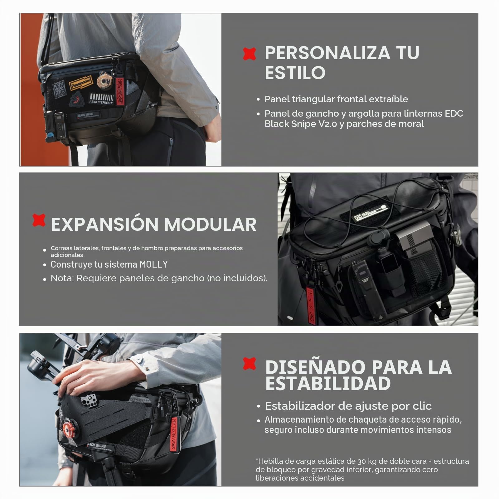 VSGO Black Snipe Pro Bolsa de Bandolera Expandible 7-9L para Cámara – Tejido Techwear Impermeable, Anti-Torsión, Divisores Modulares y Soporte para Trípode, Bolsa de Cámara Profesional Ligera – Negra