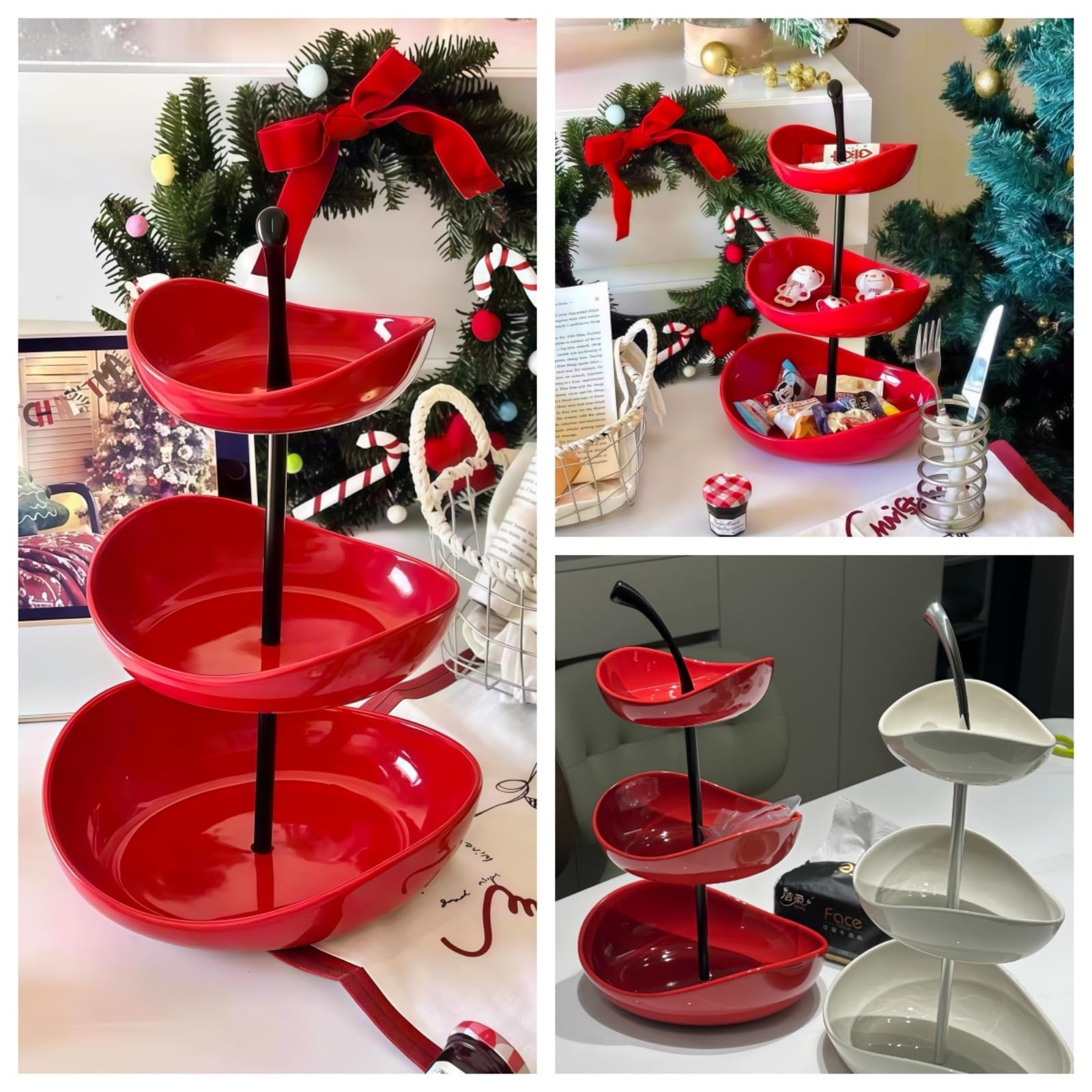 Vassoio per frutta a doppio strato Ciotola per frutta in ceramica a 3 livelli Ciotole da portata in ceramica multistrato con supporto in metallo, vassoio da portata,Rosso,3 Tier