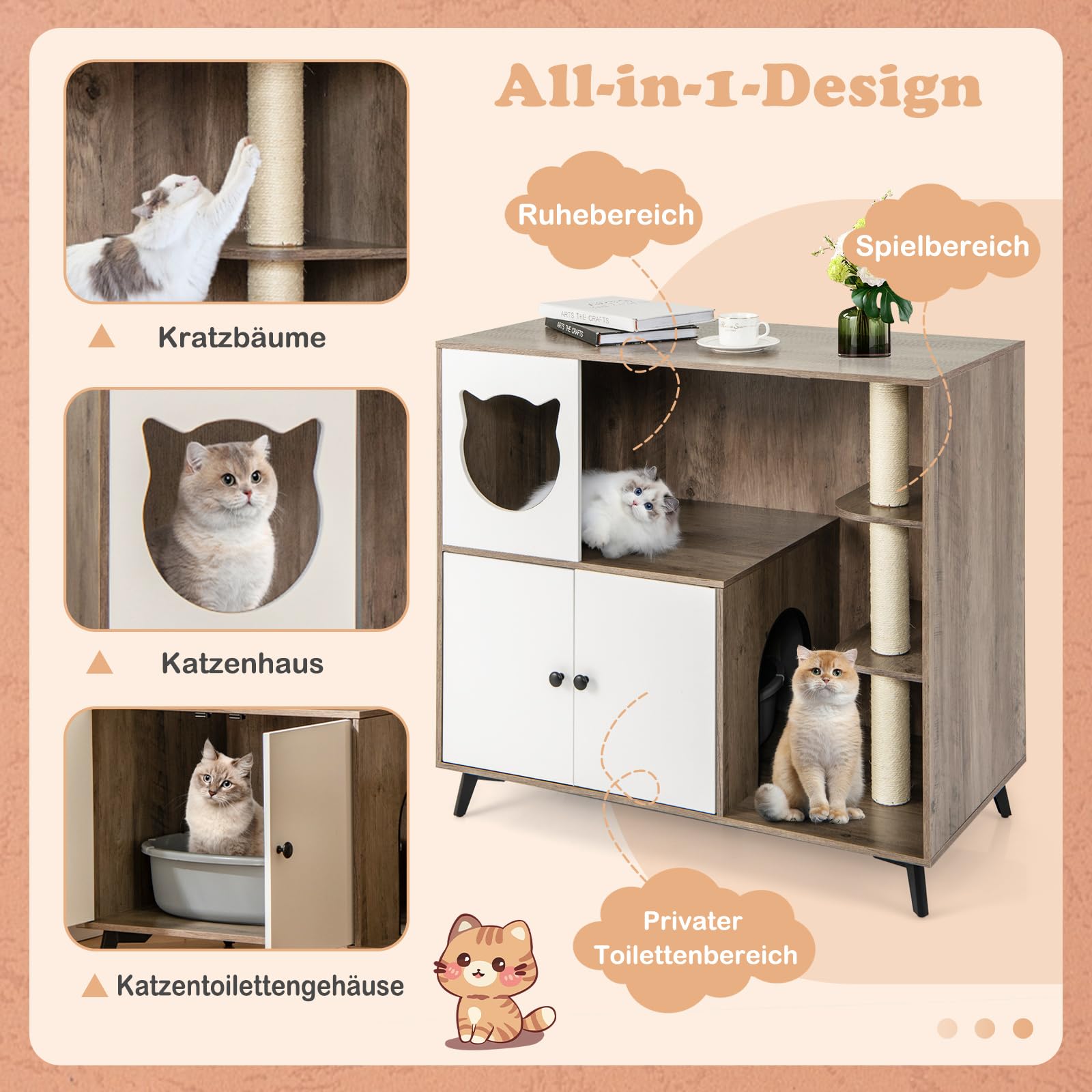 COSTWAY Katzenklo Schrank mit Kratzbaum, Katzenschrank für Katzentoilette mit Katzenhaus, Eingang, 2 Türen, Sisalstamm & Metallbeinen, Katzenmöbel Katzen, 100 x 50,5 x 91 cm, Grau