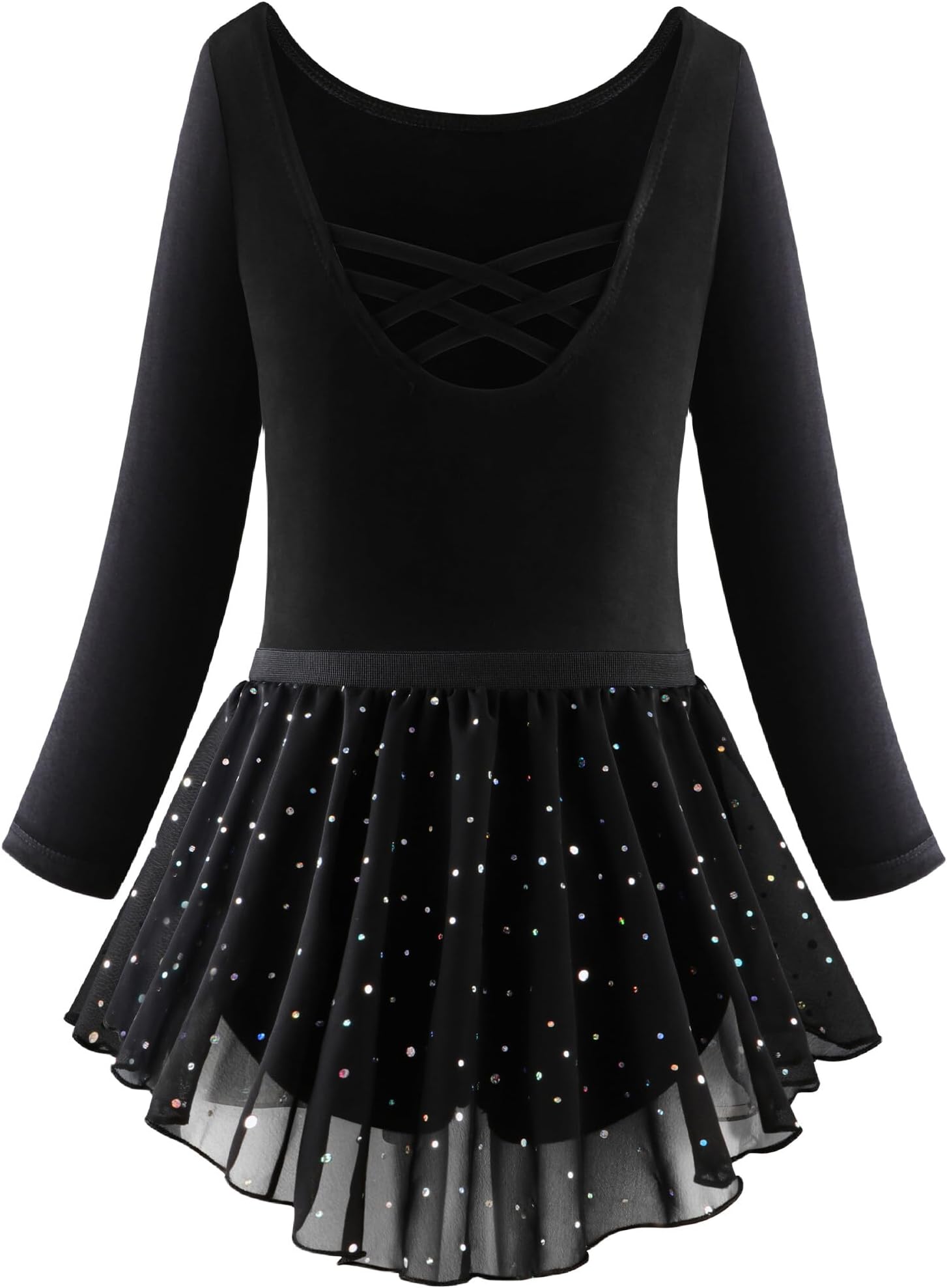 – Cotton Ballet Leotards Set for Girls Asymmetrical Sequins Mesh Skirt Long Sleeve Solid Dance Bodysuit 2 Pack 3-11 Years