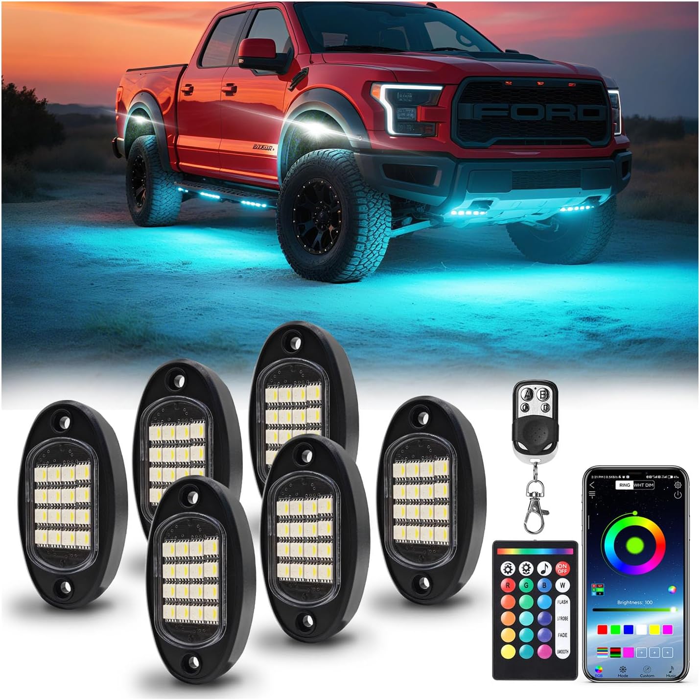 6 Pods RGBW LED Rock Lights and 4 Piece 70 inch/5.90FT 5-Pin RGBW LED Rock Lights Extension Cord Cable Wire Set