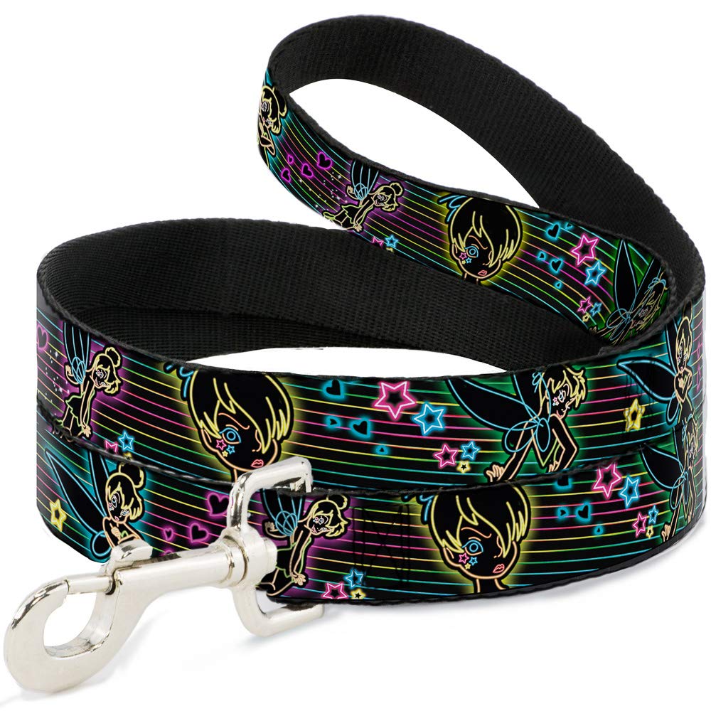Buckle-Down Pet Leash - Electric Tinkerbell Poses/Stripes Black/Multi Neon - 4 Feet Long - 1" Wide