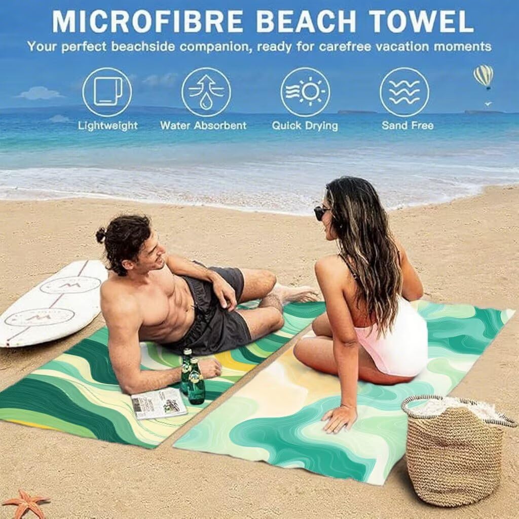 Ręcznik plażowy dla dorosłych, ręcznik z mikrofibry, fala, zielony ręcznik kąpielowy, 100 x 200 cm, duży, unikalny zatrzask, chłonny, supermiękki, szybkoschnący, odporny na piasek, lekki, do pływania