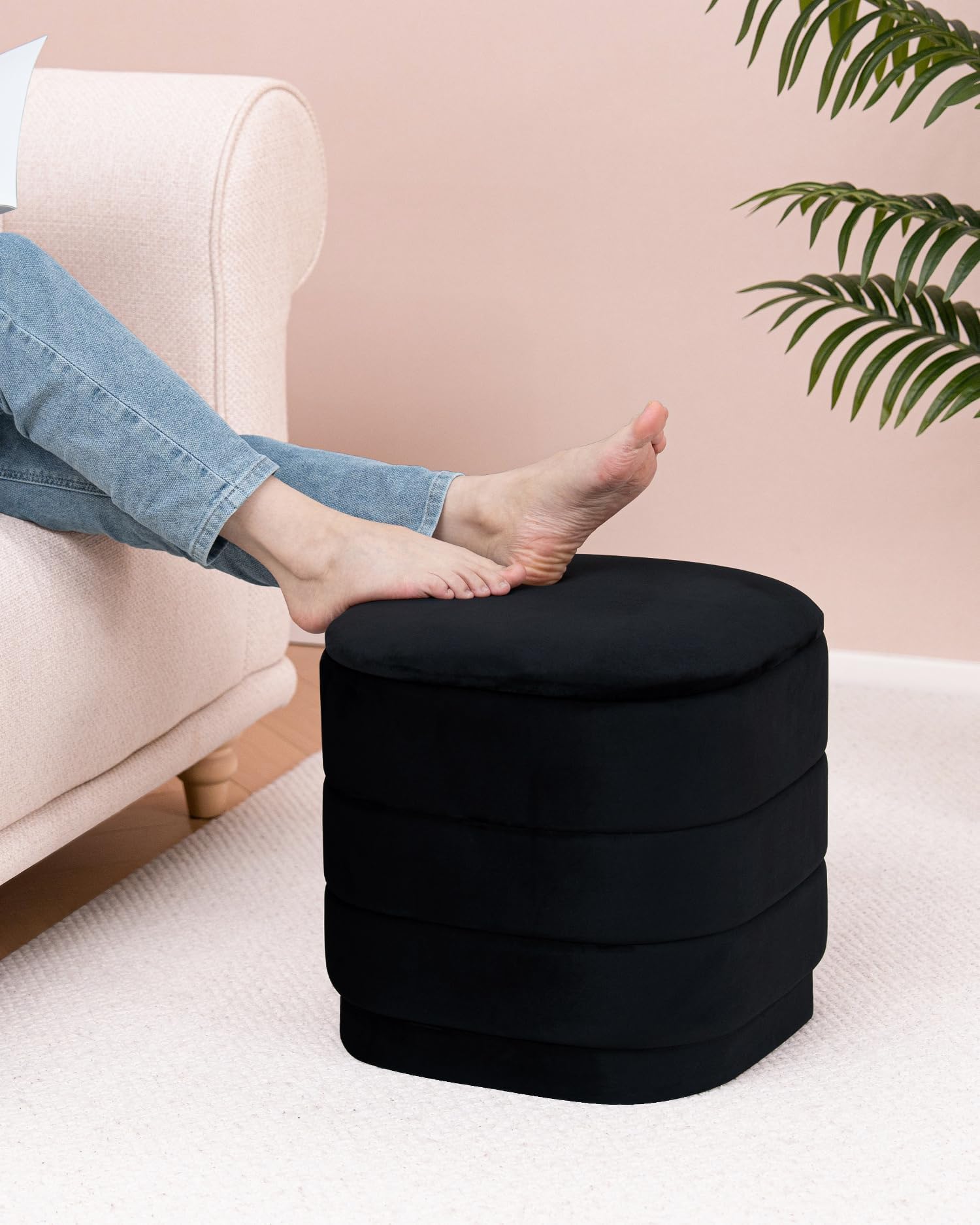 Bonlife otomana con Espacio de Almacenamiento, reposapiés Plegable con Mesa, reposapiés, reposapiés para salón, Dormitorio, Pasillo, Terciopelo Negro, 38 x 38 x 38 cm