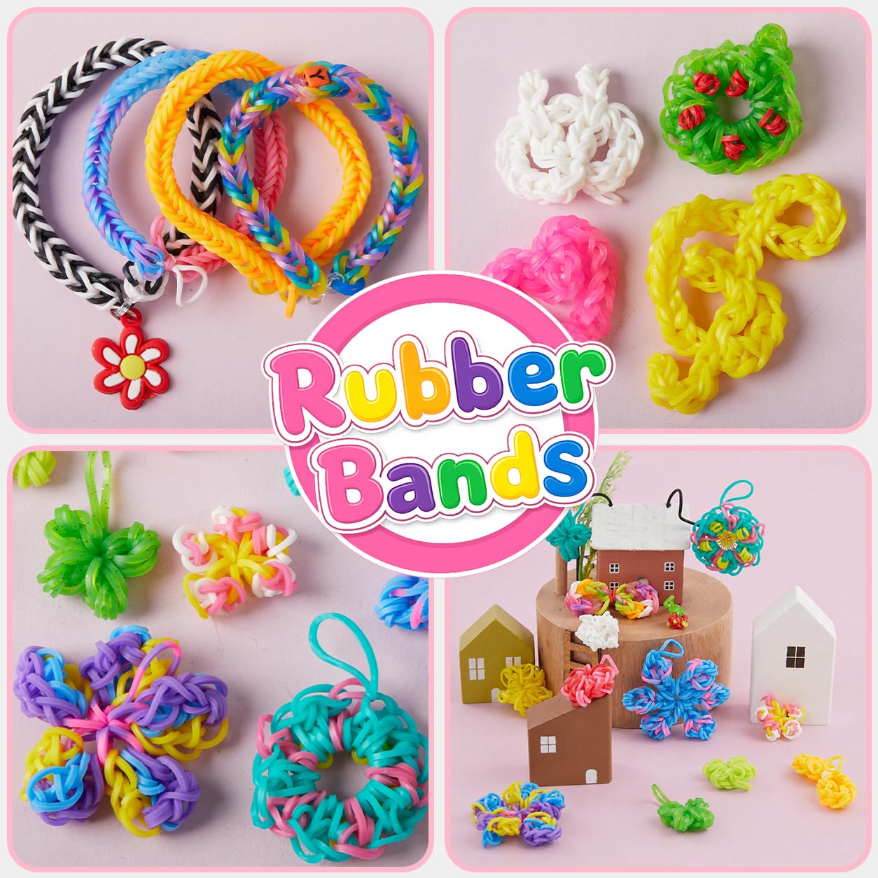 INSCRAFT 17160+ Kit di ricarica per elastici in 34 colori con 600 clip, 6 ganci, 1 istruzioni (lingua italiana non garantita), kit fai da te per la creazione di braccialetti fai da te, ottimo regalo