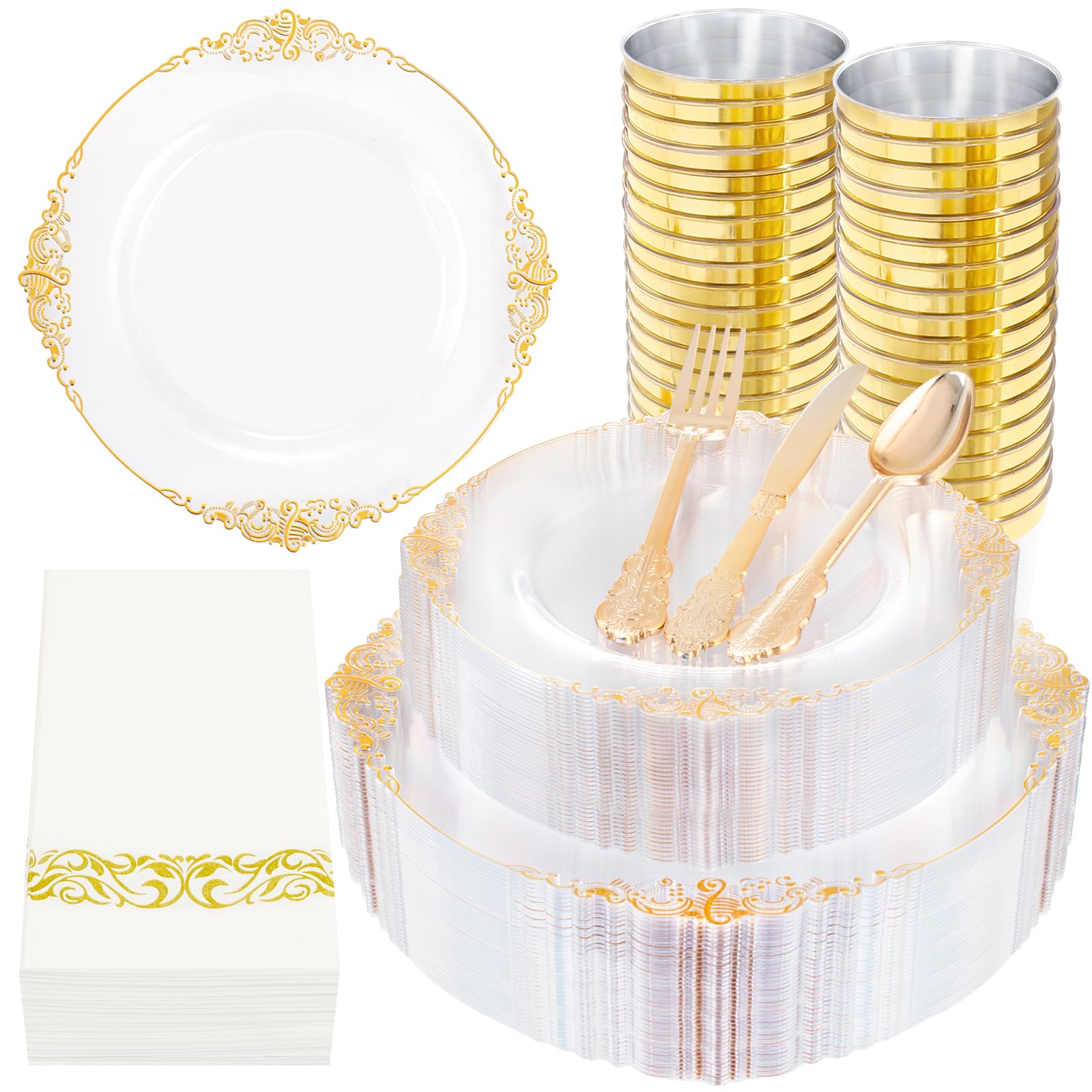 Nervure 350PCS Clear Gold Plastic Plates - Gold Plastic Dinnerware Sets for 50 Guests - 100 Gold Disposable Plates, 150 Gold Plastic Silverware, 50 Cups, 50 Napkins for Wedding & Party