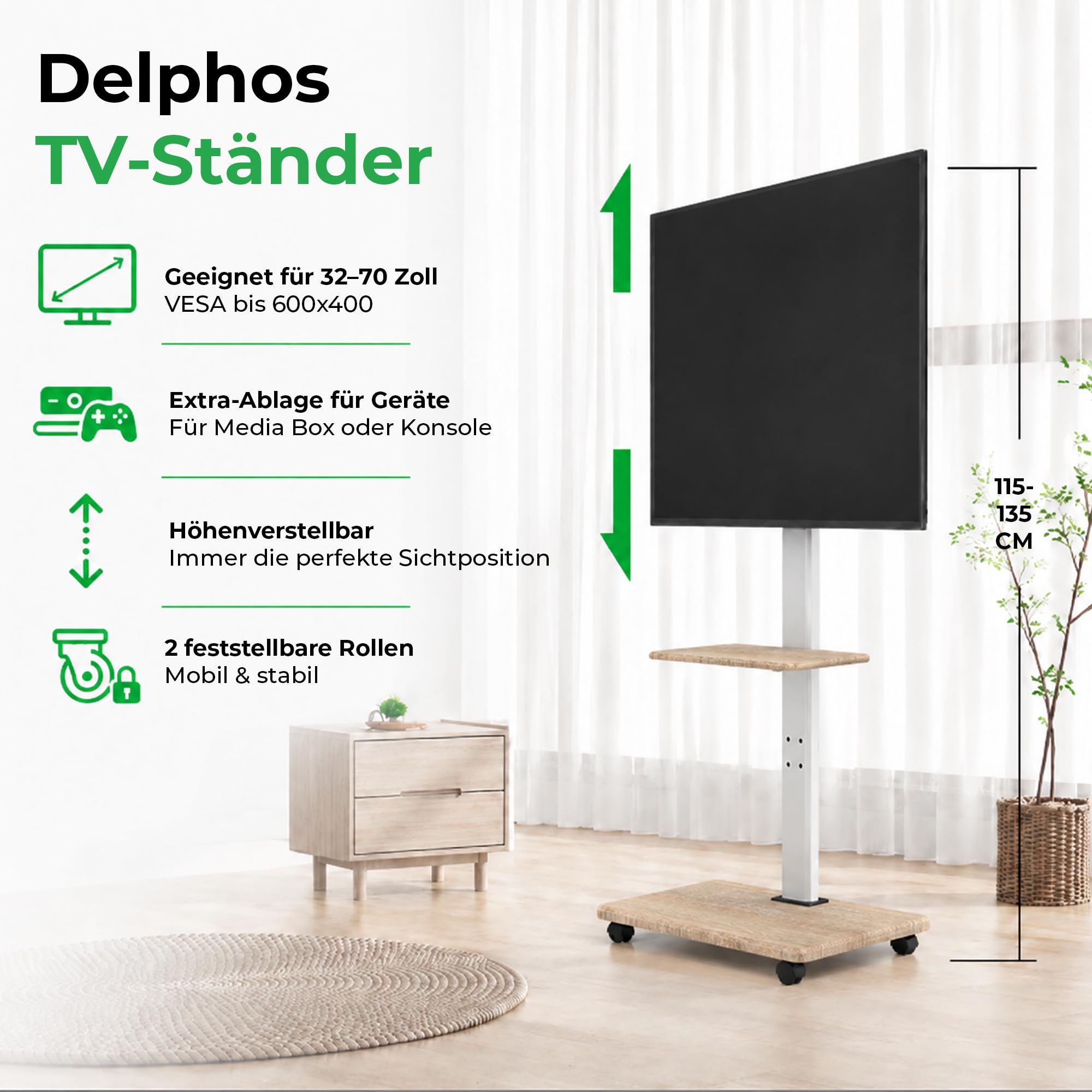 Delphos Mobiler TV Ständer Rollbar mit Holzfuß, Fernsehständer für 32-70 Zoll Fernseher bis zu 45 kg, Hoehenverstellbar bis ca.130 cm Drehbar ±25° Max.VESA 600x400
