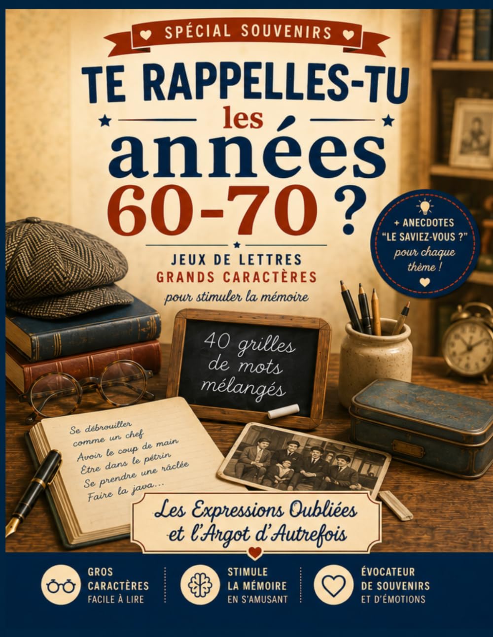 Te rappelles-tu les années 60-70 ?: Les Expressions Oubliées et l'Argot d'Autrefois : Mots mélangés, mots croisés, jeux de lettres en grands caractères, quiz et anagrammes pour stimuler la mémoire