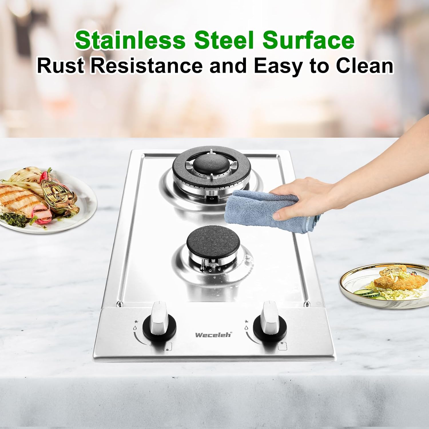 2 Burner Propane Stove, 12 inch Built-in Gas Cooktop, NG/LPG Convertible Stainless Steel Gas Stove with Auto Ignition & Thermocouple Protection, Heavy Duty Cast Iron Grates for Kitchen, Apartment, RV - Image 8