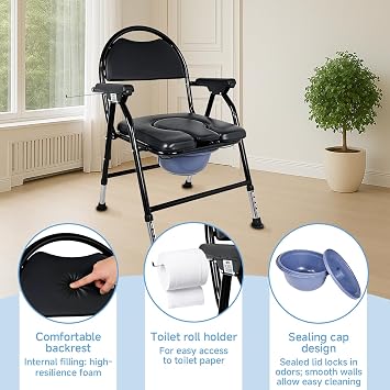 Commode Toilet Chair, Folding Bedside Commodes Chair for Elderly & Disabled, Portable Shower Chair with Padded Seat, Bucket and Arms, Adjustable Height Commode for Bedroom, Bathroom
