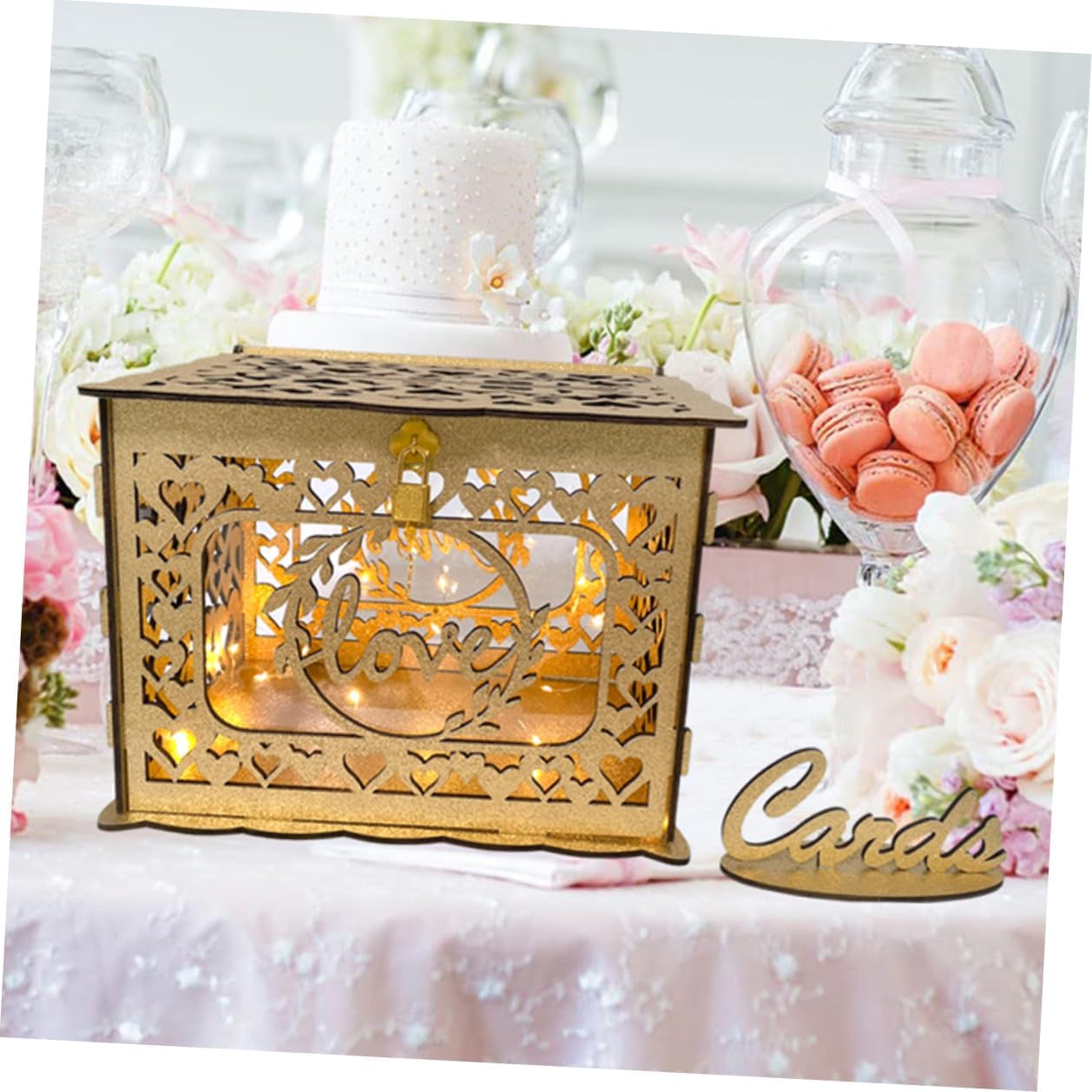 Wooden Hollow Glitter Card Box for Wedding Reception and Anniversary with Envelope Slot, Portable Greeting Cards Container for Birthday and Valentine’s Day Decorations