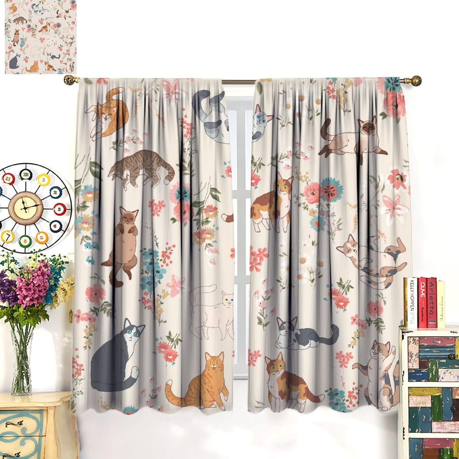 Cat Decor Curtains for Windows, Cute Funny Kawaii Floral Kitten Watercolor Colorful Flower Patterned Country Drapery for Home Kitchen Restaurant Decoration Window Drapes 2Panel 41"W X 53"L