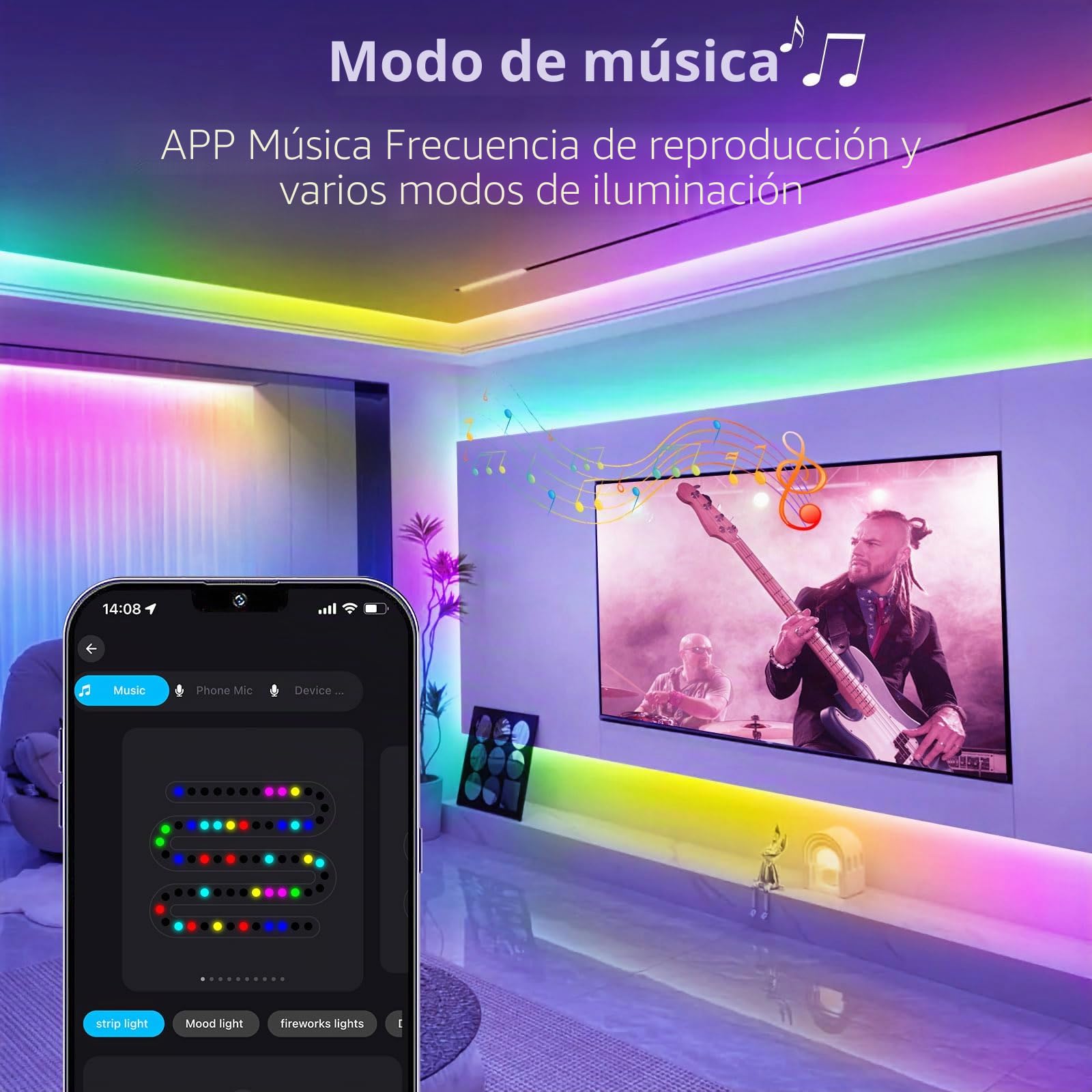 5M COB Wifi Cinta Led,Led Dormitorio RGBWW+IC 784led/M 3920leds 24V, Tira Led RGBWWIC Dinámica Multicolor con Mando a distancia,LED tira funciona con Google Home Assistant/Alexa
