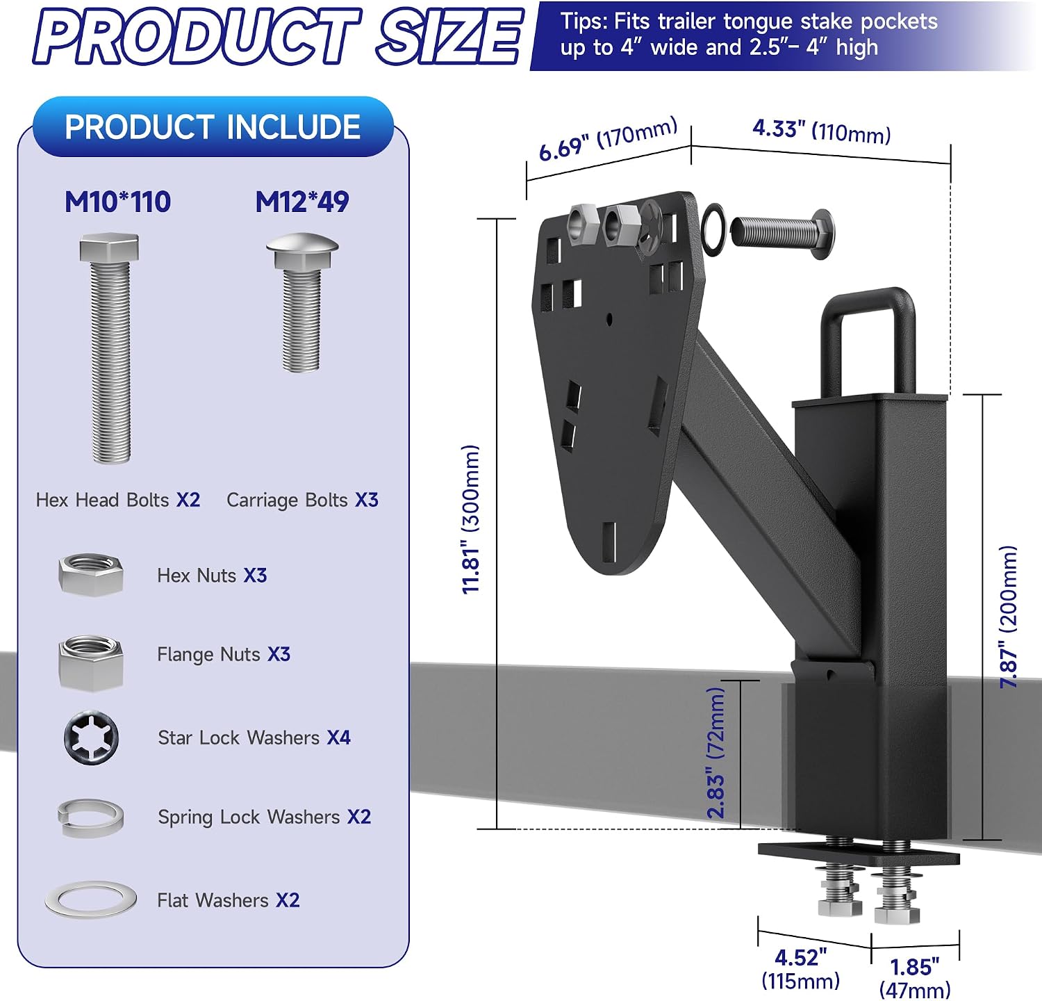 Trailer Stake Pocket Spare Tire Mount - Heavy Duty Stake Pocket Spare Tire Carrier Fit 4 5 6 8 Lugs On 4",4.25",4.5",4.75",5",5.5",6",6.5" Bolt Patterns,Stake Pocket Spare Tire Holder Hold Up to 160lb