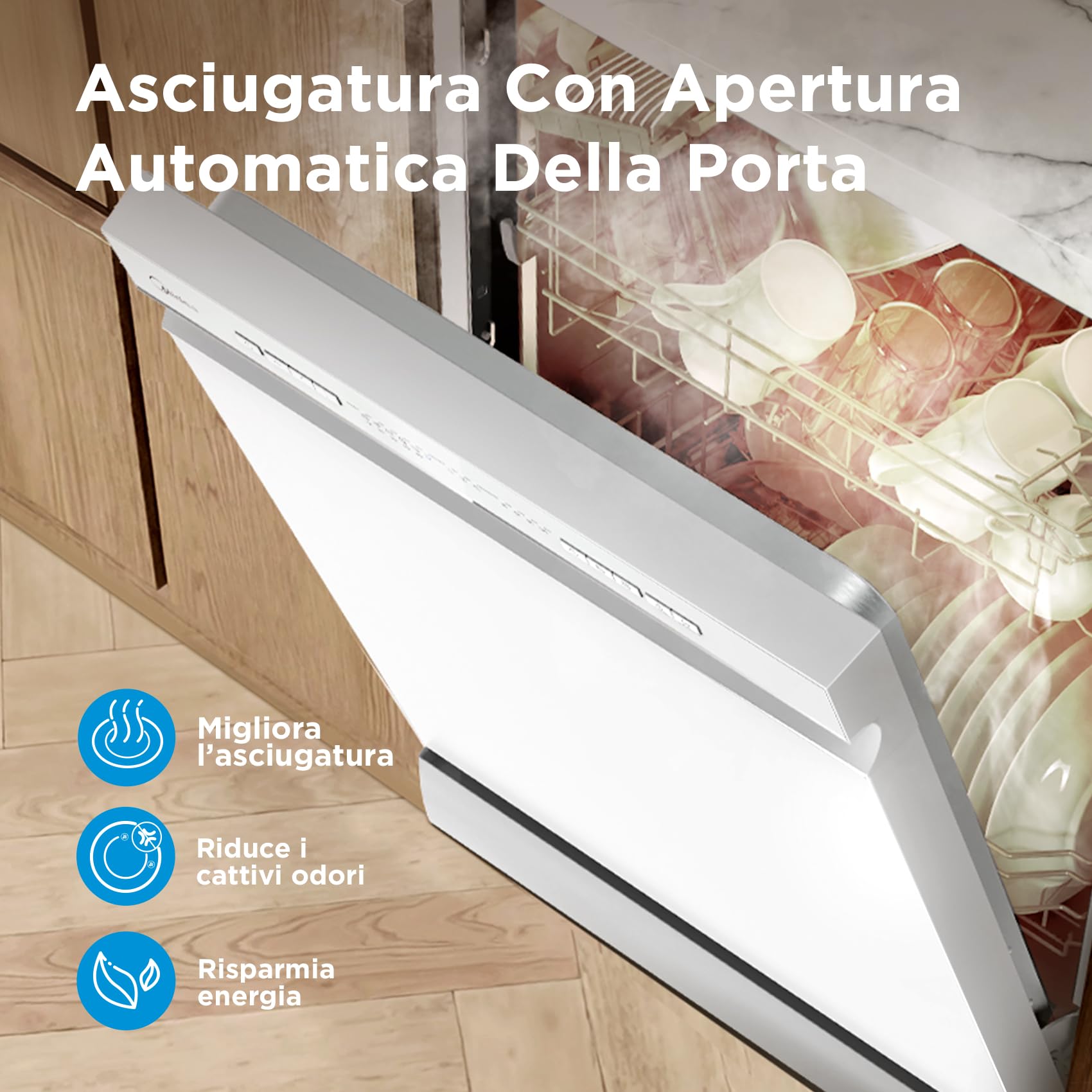 Midea MDWPF1333CW-WD-EU Lavastoviglie Libera Installazione con 13 coperti, 8 Programmi, Partenza Ritardata, Funzione di Mezzo Carico, Asciugatura Extra - Bianco